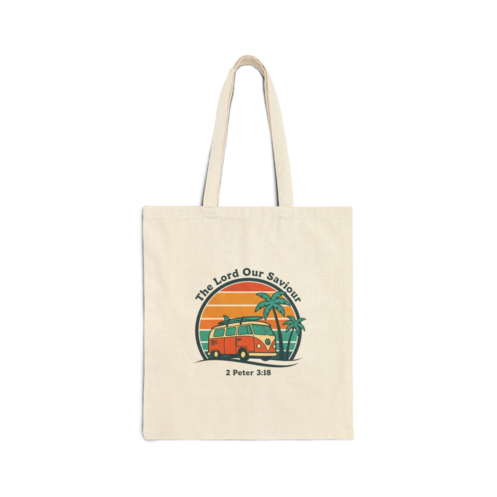 The Lord our Saviour, Retro 70s Sunset Surf Tote, Vintage Palm Golden Hour Canvas