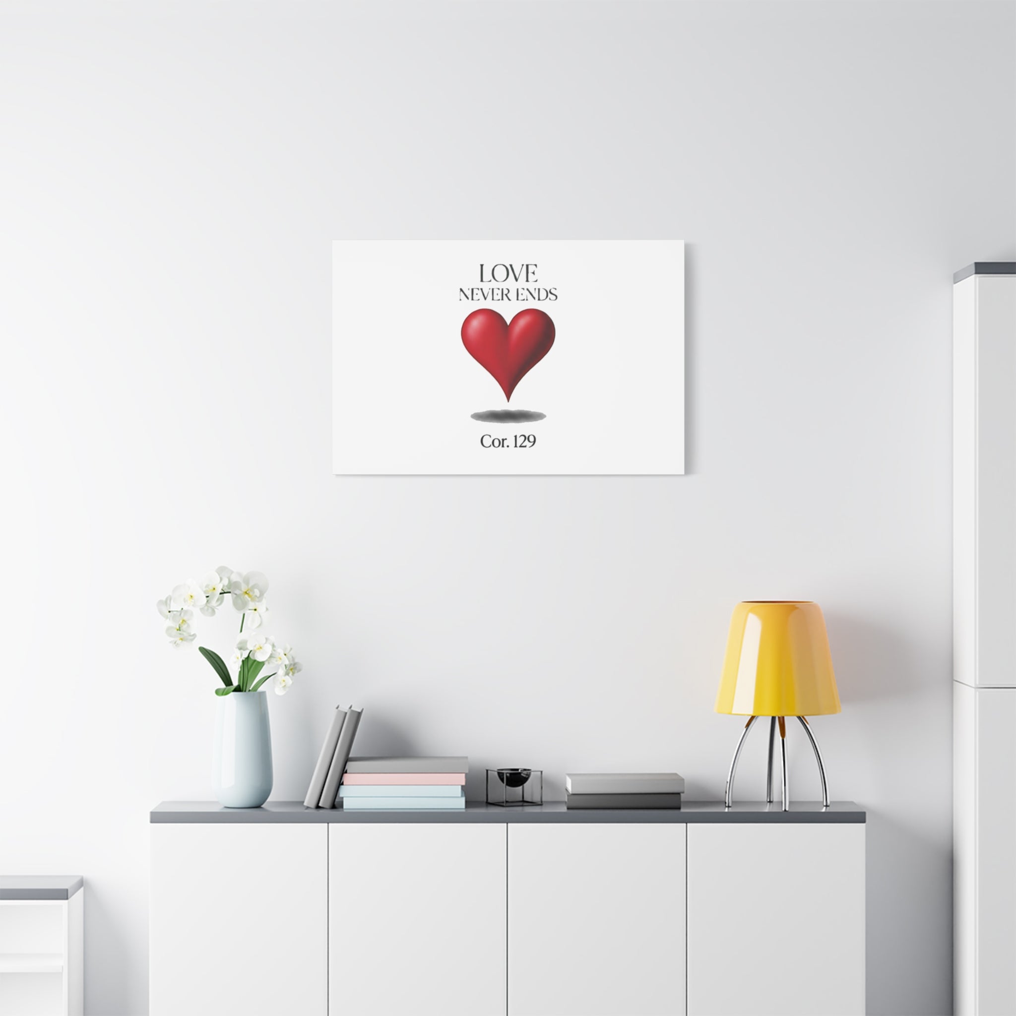 Love Never Ends Canvas Wall Art — Red Heart "Cor. 1:29" Matte Stretched Canvas