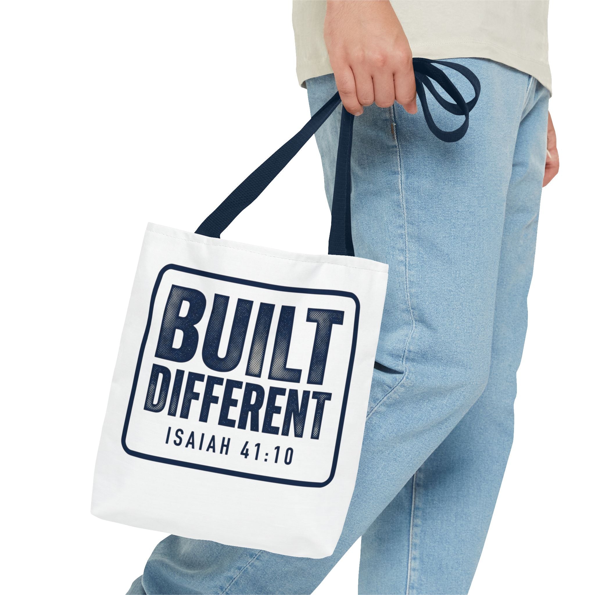 Built Different Tote Bag — Isaiah 41:10 Inspirational Canvas Tote