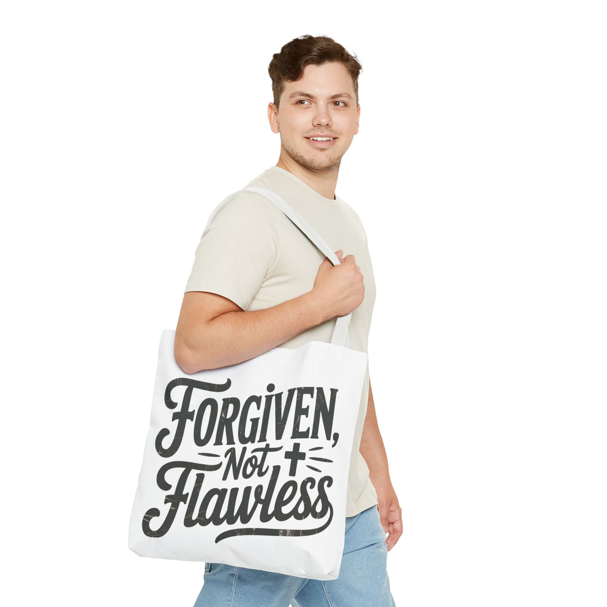 Forgiven Not Flawless Christian Tote Bag — Inspirational Scripture Quote Tote