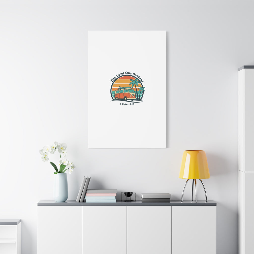 The Lord our Saviour, Retro Surf Sunset Canvas | 70s Van Palm Postcard, Analog Sunshine Aesthetic
