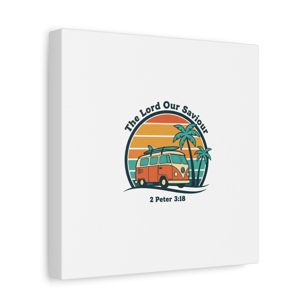 The Lord our Saviour, Retro Surf Sunset Canvas | 70s Van Palm Postcard, Analog Sunshine Aesthetic