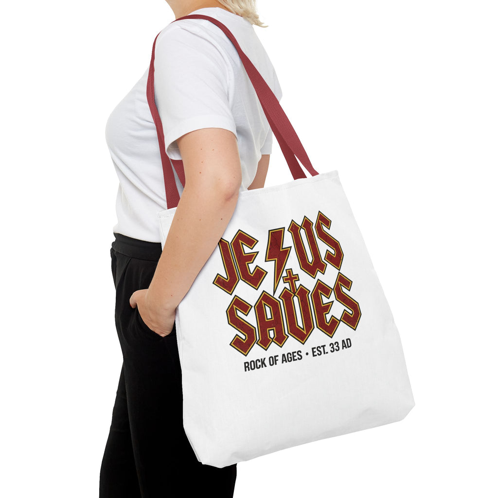 Jesus Saves Tote Bag — Rock of Ages Vintage Christian Tote