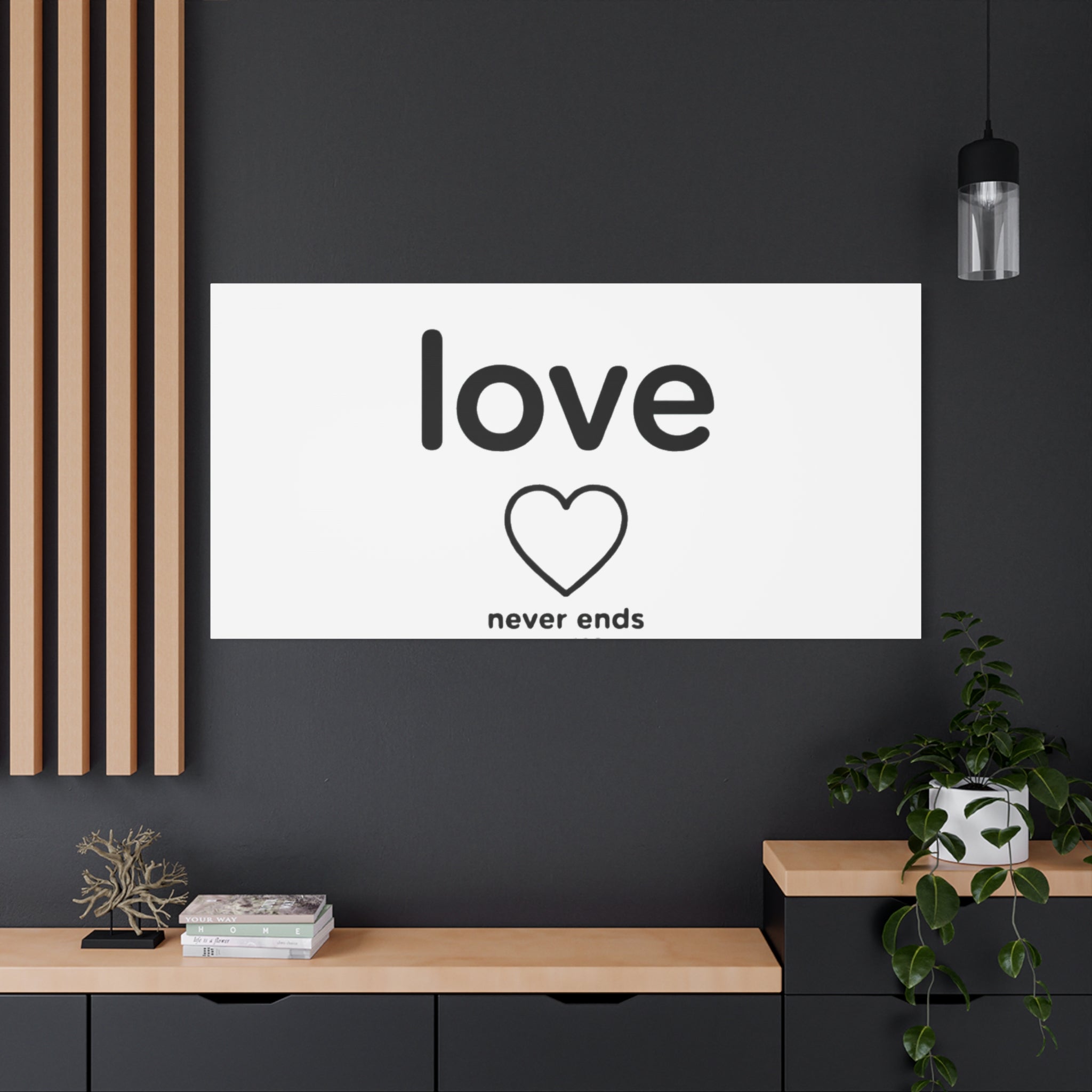 Canvas Wall Art — "love" Heart with "never ends cor. 129" Minimalist Print
