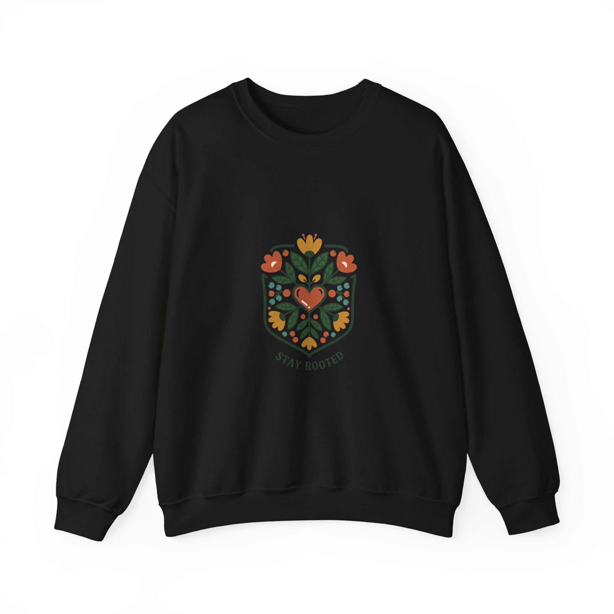 Stay Rooted Folk Botanical Sweatshirt | hand-drawn folk art print, embroidery style