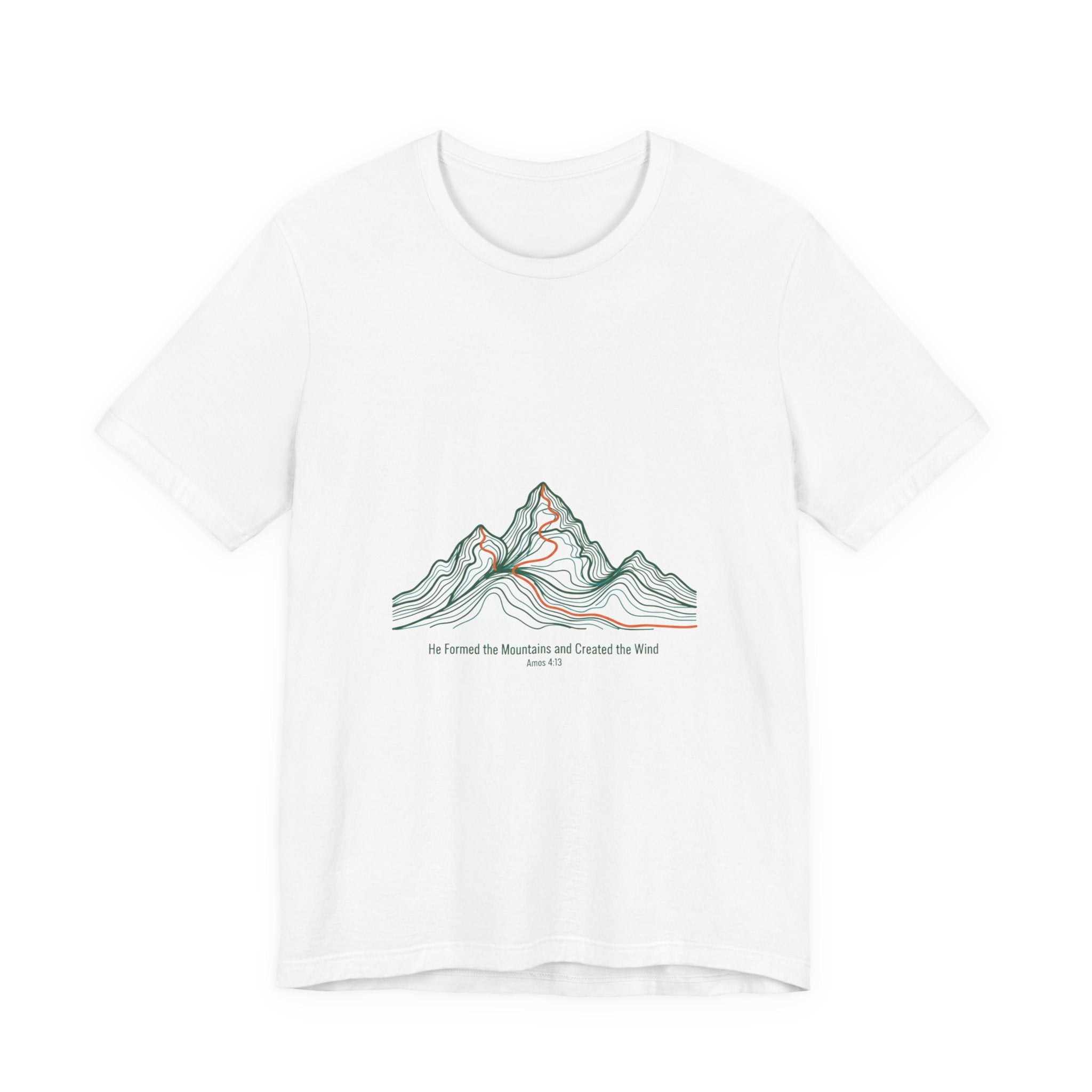 He Formed the Mountains Tee — Topographic Mountain Bible Verse T-Shirt