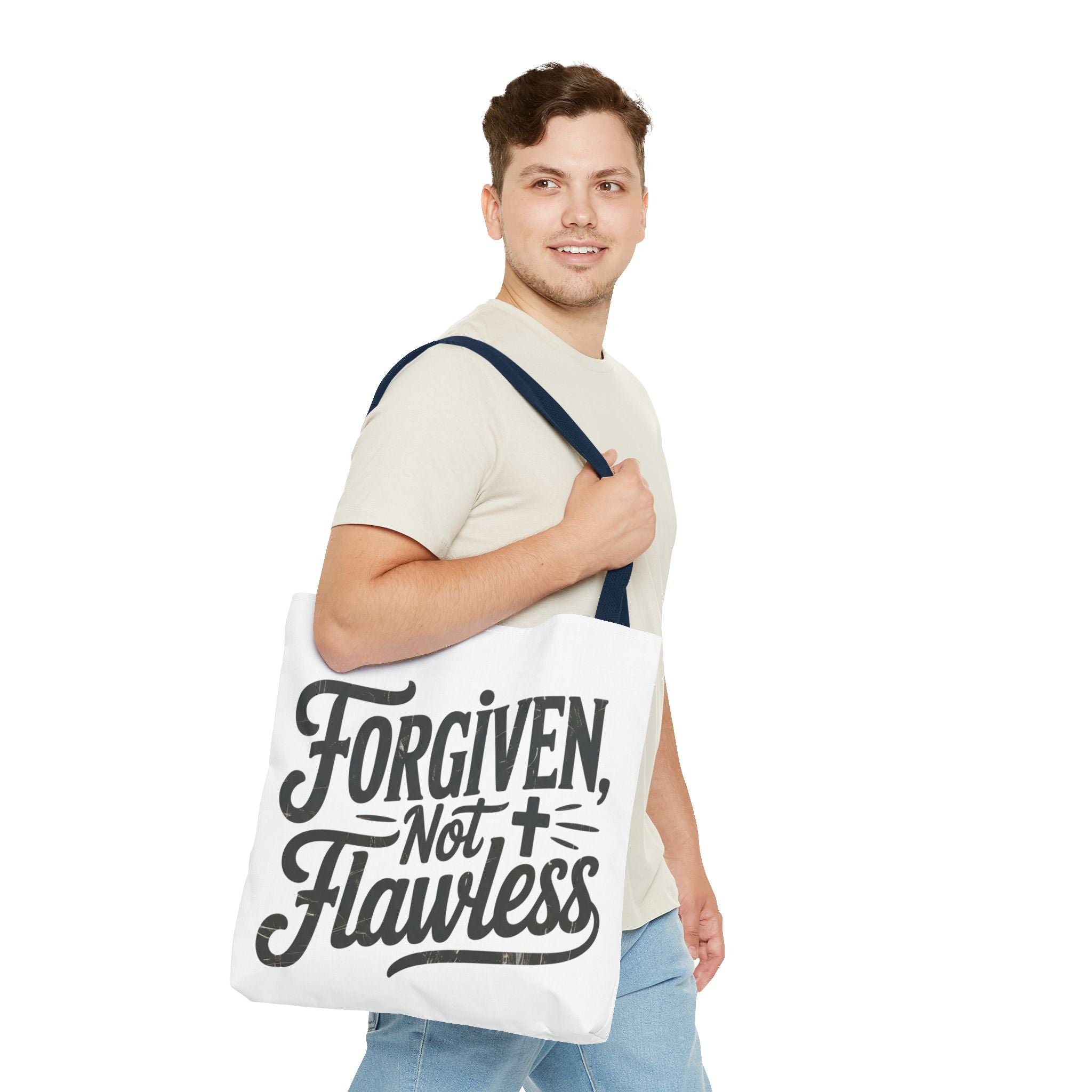 Forgiven Not Flawless Christian Tote Bag — Inspirational Scripture Quote Tote