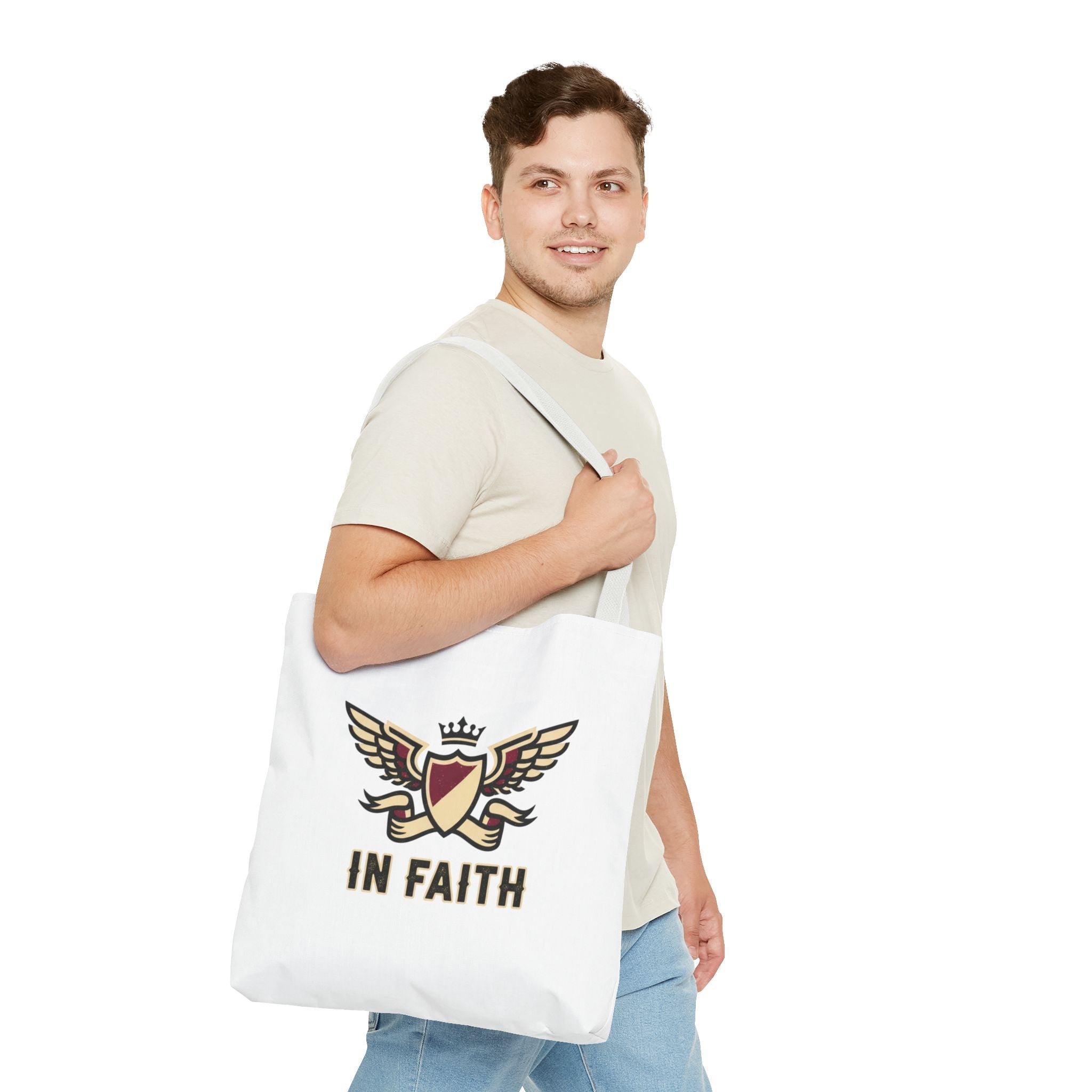 Faith Crest Tote Bag — "In Faith" Winged Shield Everyday Carry