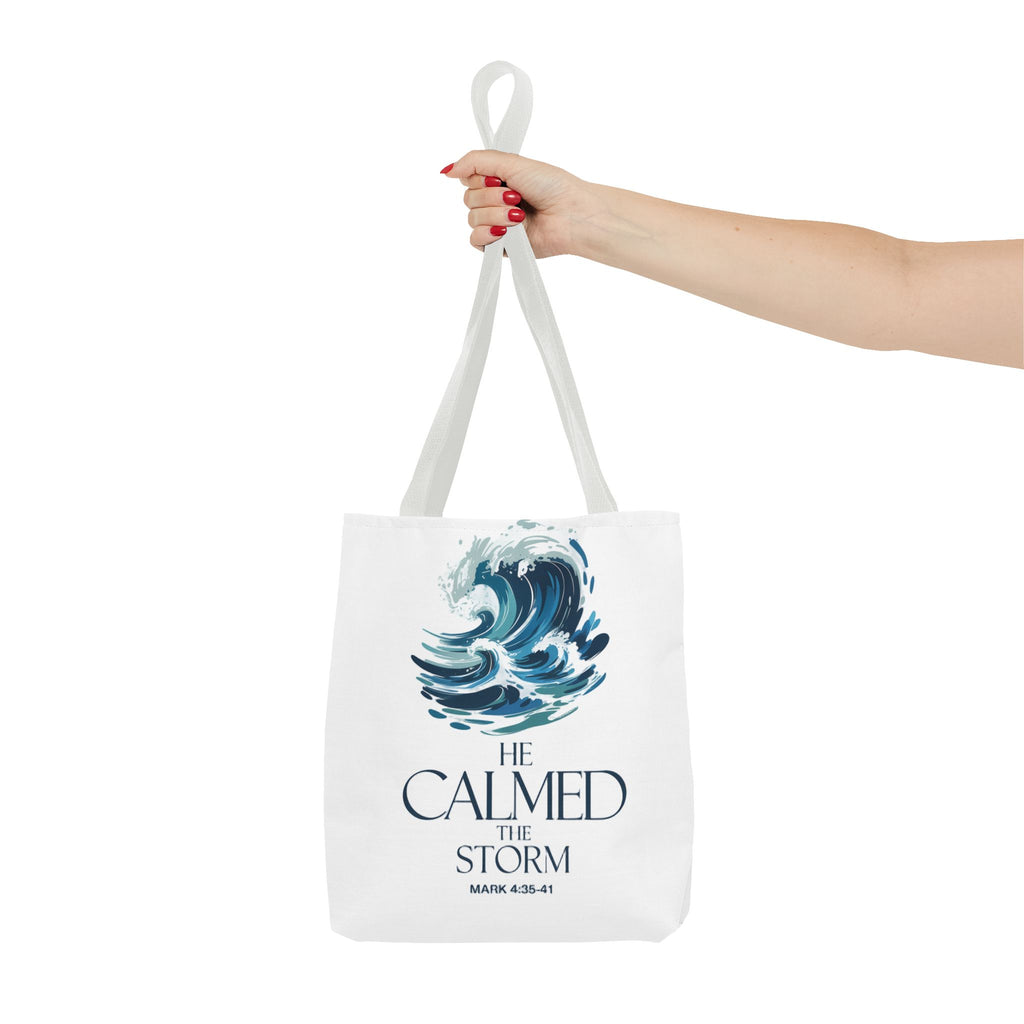 Calmed the Storm Tote Bag — Inspirational Bible Verse Mark 4:39-41 Canvas Tote