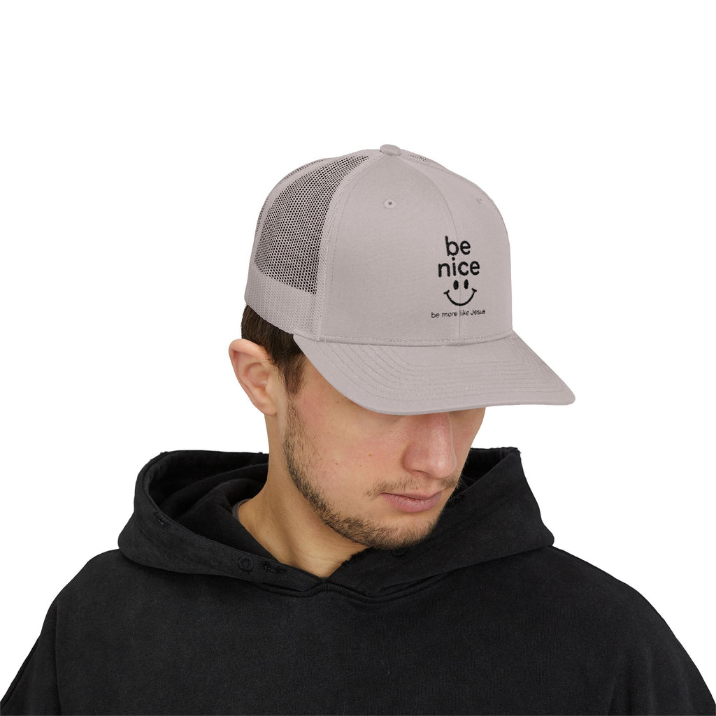 Be Nice Smiley Snapback Trucker Cap — Positive Message Mesh Hat