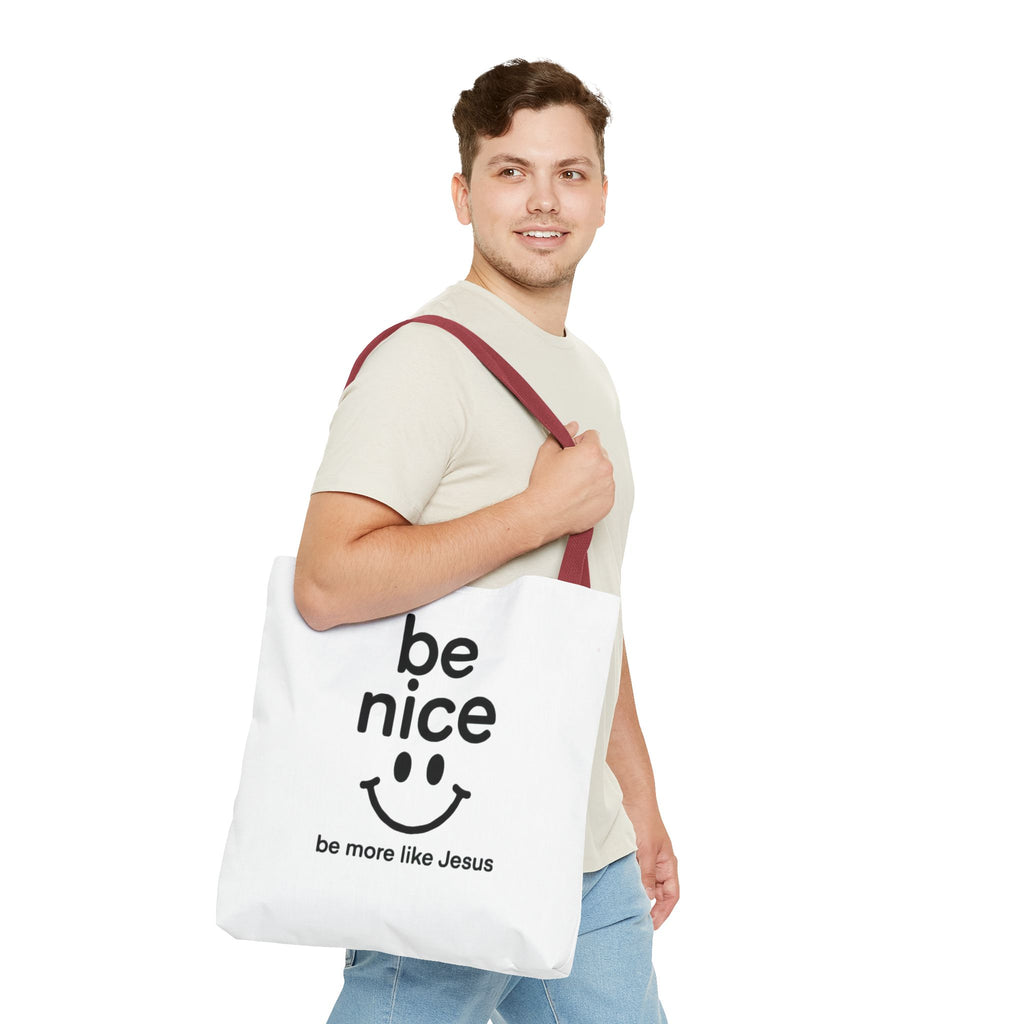 Be Nice Smiley Tote Bag — "be more like Jesus" Inspirational Canvas Tote