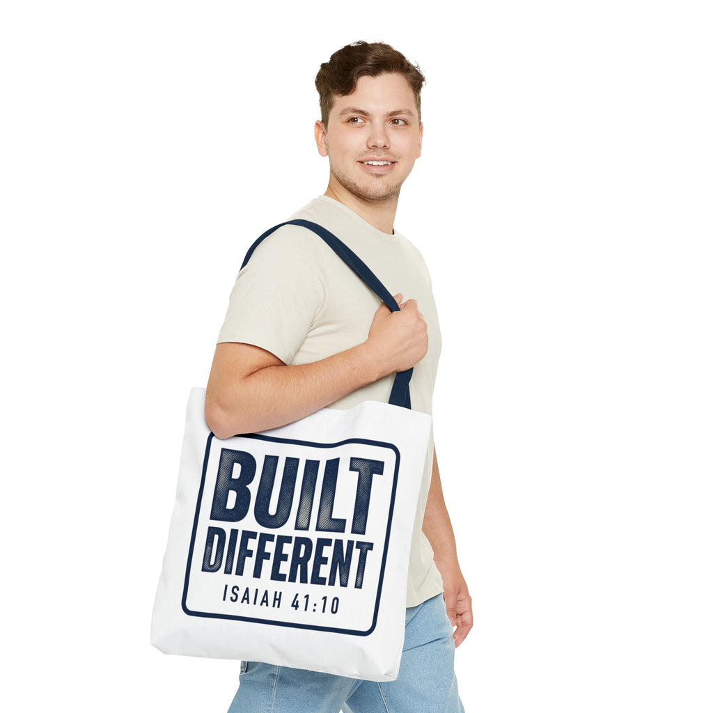 Built Different Tote Bag — Isaiah 41:10 Inspirational Canvas Tote