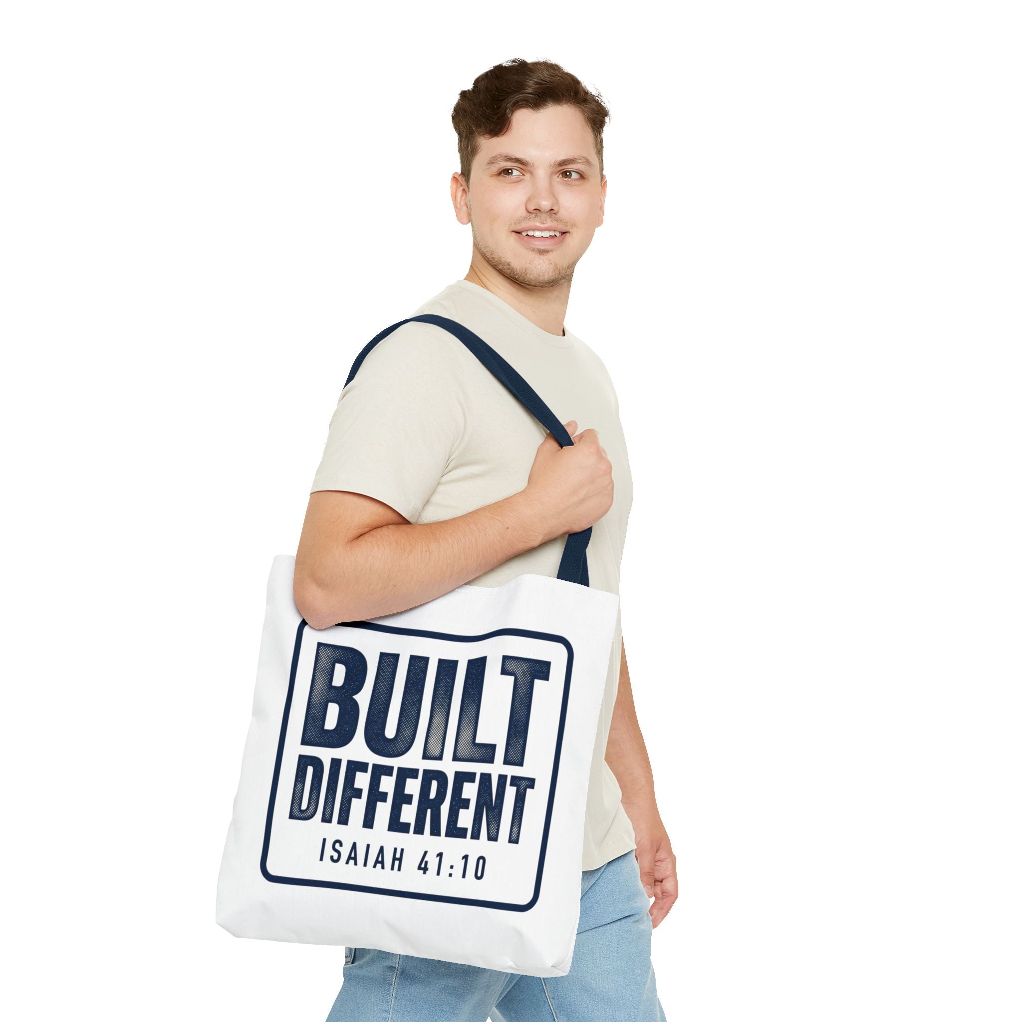 Built Different Tote Bag — Isaiah 41:10 Inspirational Canvas Tote