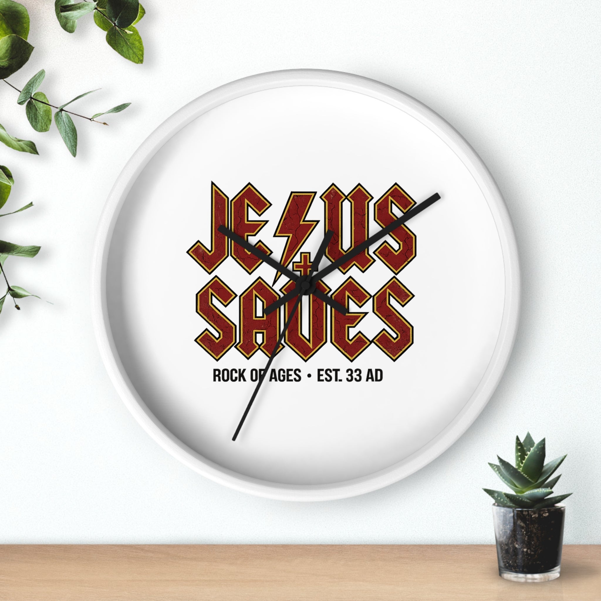 Jesus Saves Wall Clock — Rock of Ages Retro Christian Decor (Est. 33 AD)