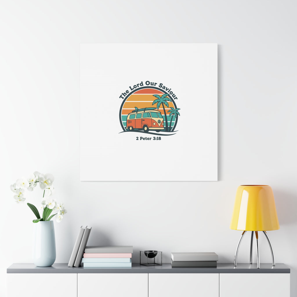 The Lord our Saviour, Retro Surf Sunset Canvas | 70s Van Palm Postcard, Analog Sunshine Aesthetic