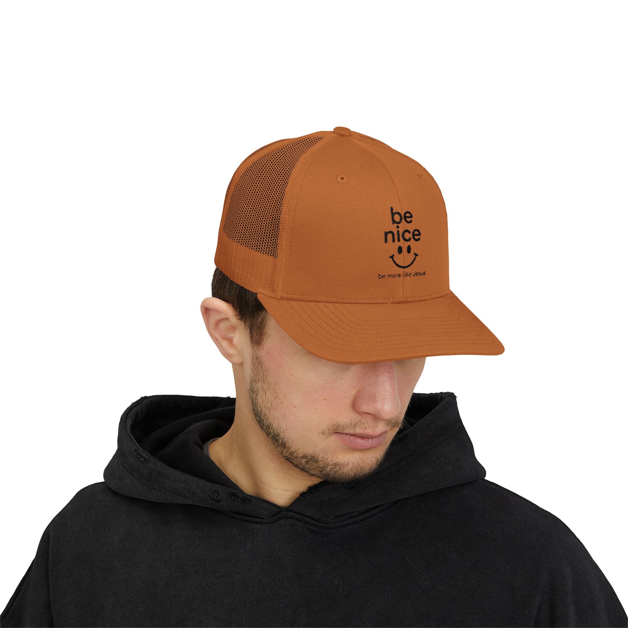 Be Nice Smiley Snapback Trucker Cap — Positive Message Mesh Hat