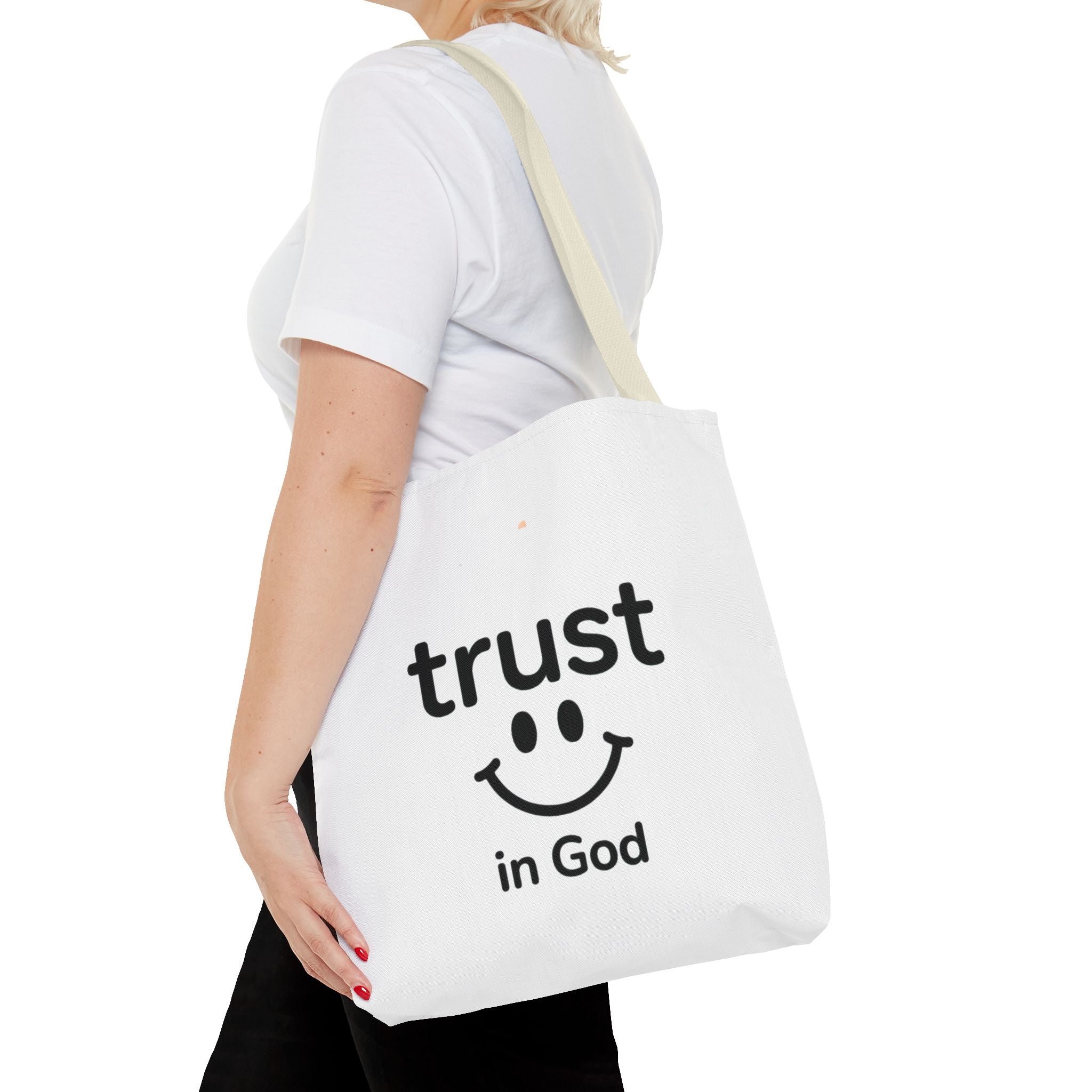 Faith Smile Tote Bag — "Trust in God" Inspirational Canvas Tote