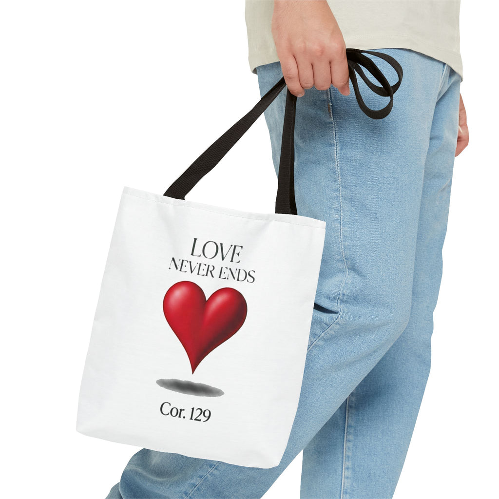 Tote Bag — “Love Never Ends” Heart Tote (Cor. 1:29)
