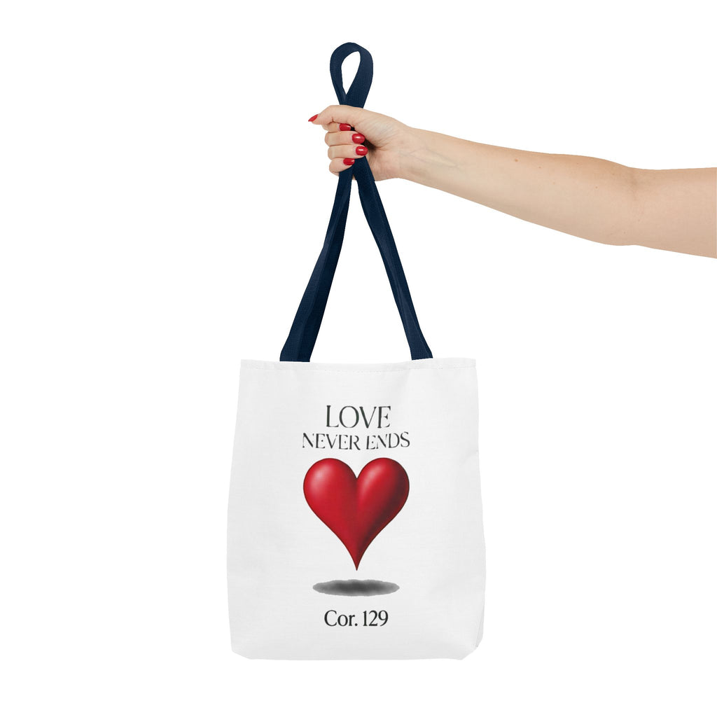 Tote Bag — “Love Never Ends” Heart Tote (Cor. 1:29)