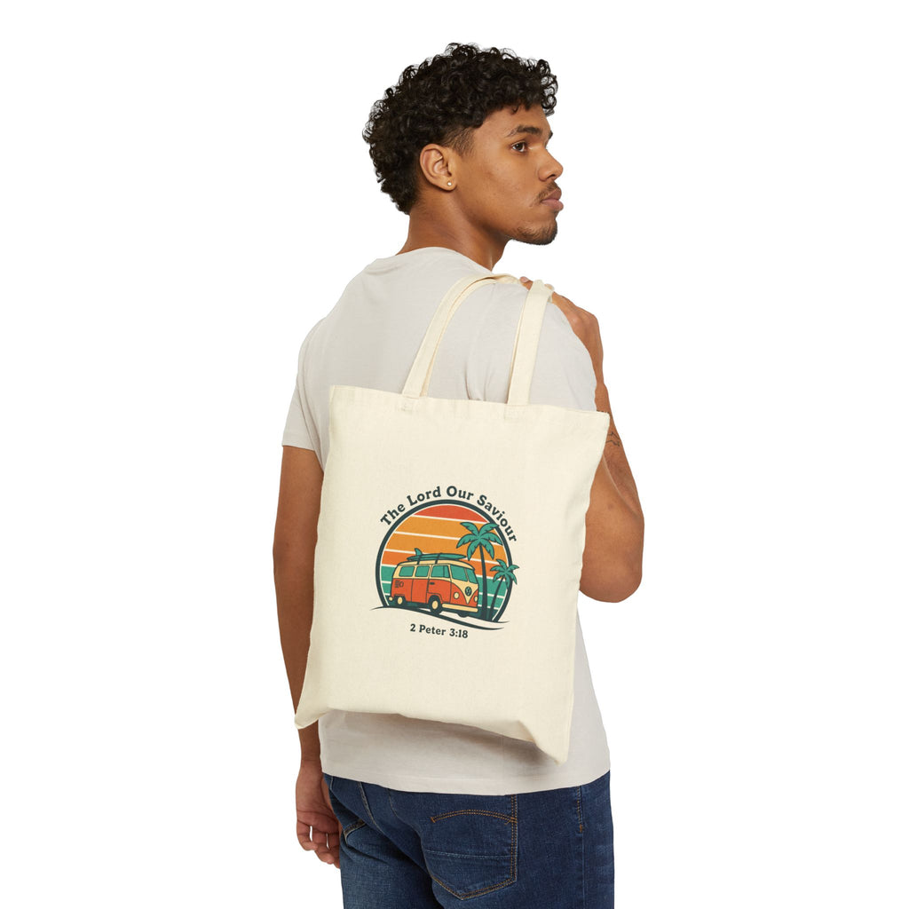 The Lord our Saviour, Retro 70s Sunset Surf Tote, Vintage Palm Golden Hour Canvas