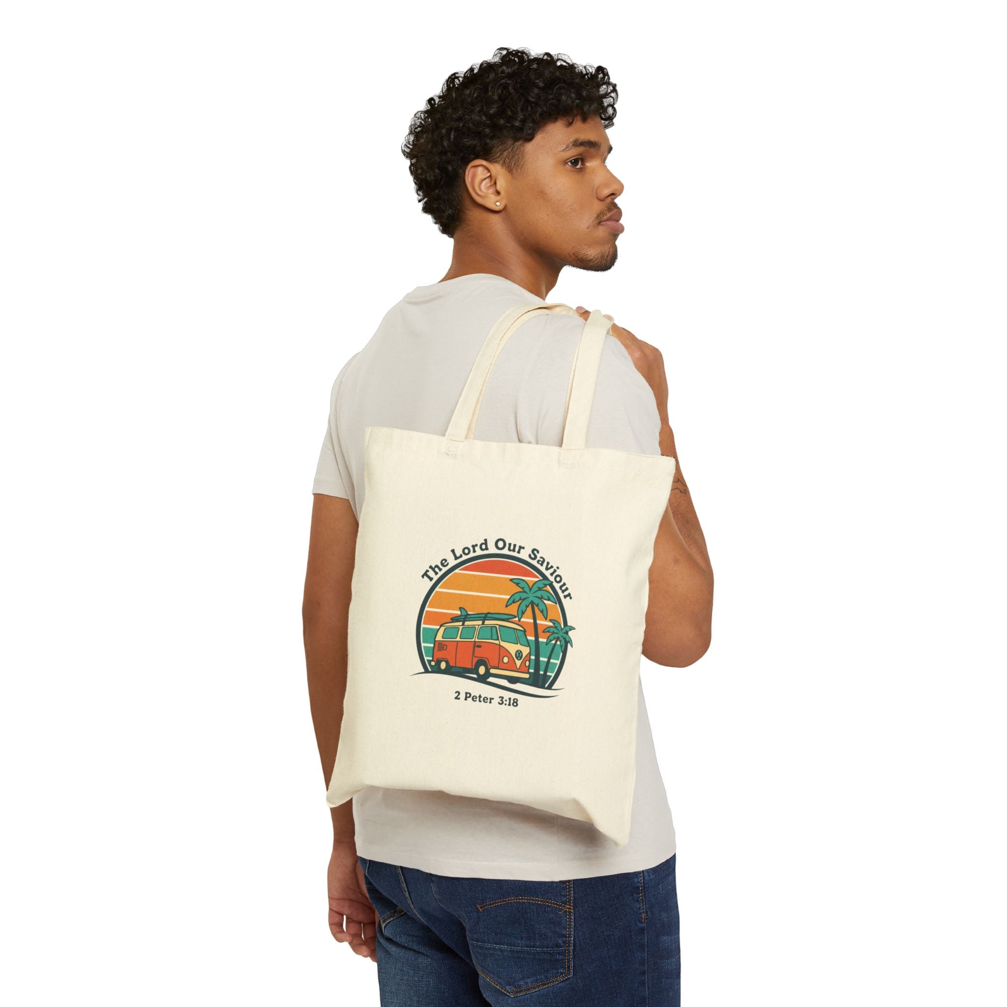 The Lord our Saviour, Retro 70s Sunset Surf Tote, Vintage Palm Golden Hour Canvas