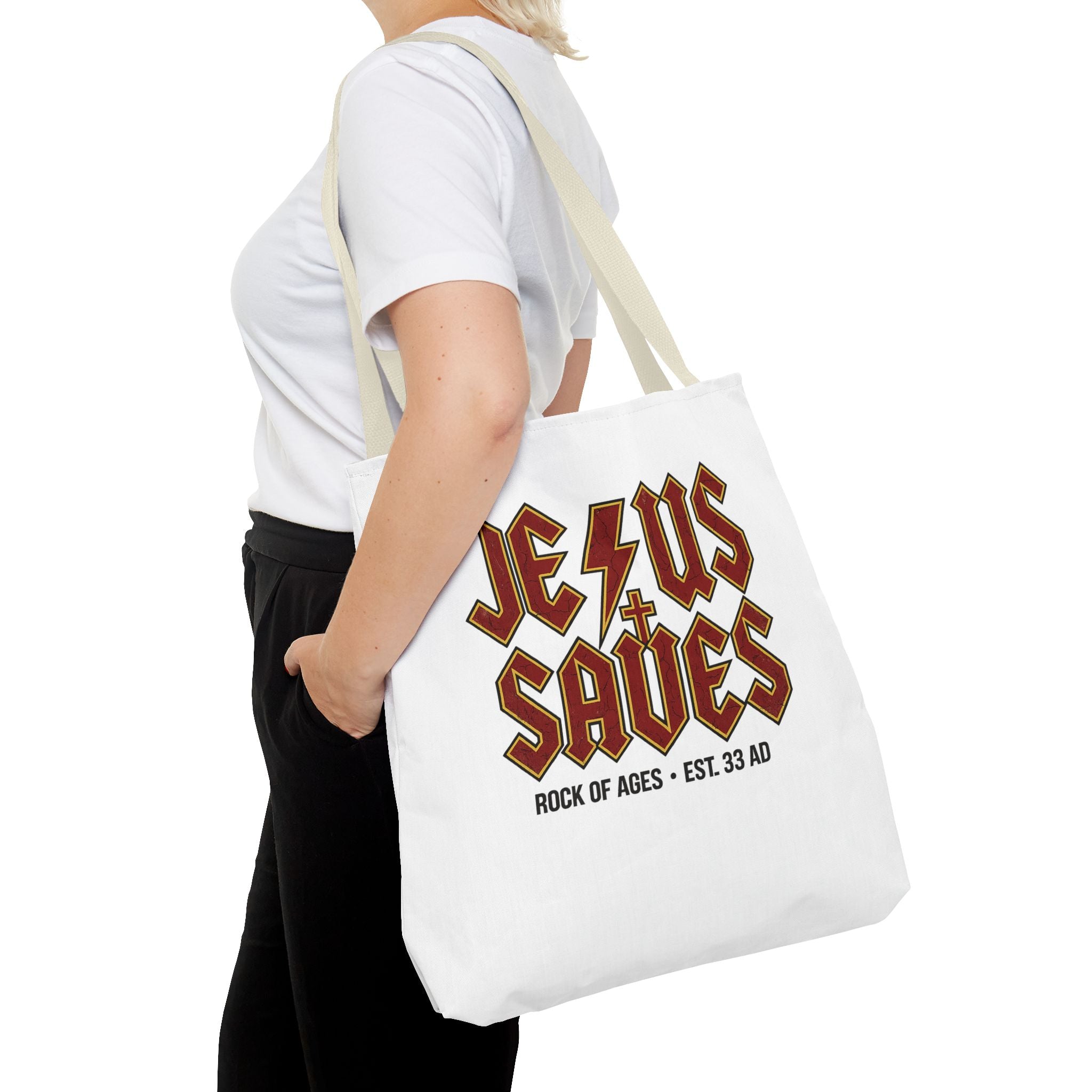 Jesus Saves Tote Bag — Rock of Ages Vintage Christian Tote