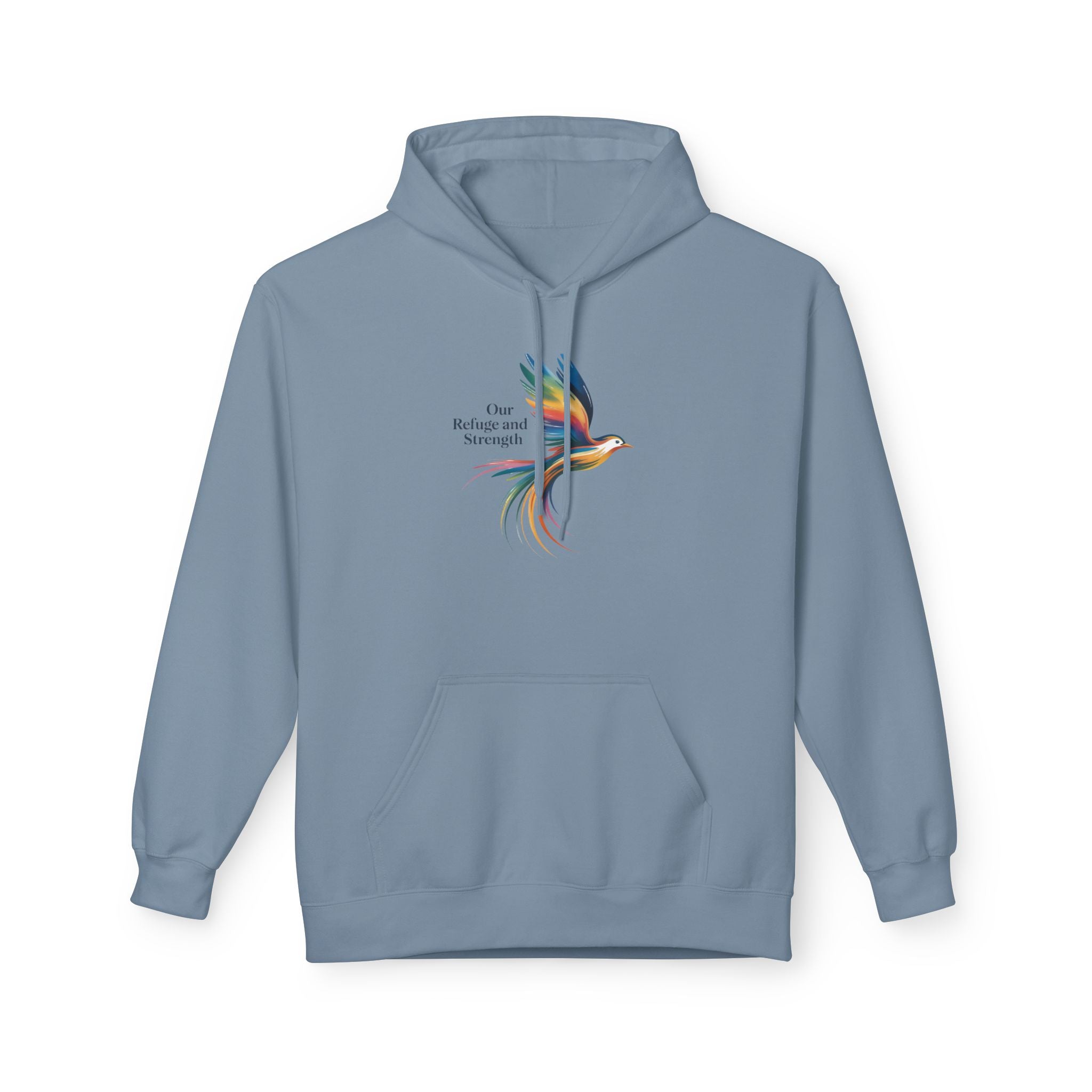 Freedom Sparrow Hoodie — Colorful Bird “One Refuge One Strength” Chest Print