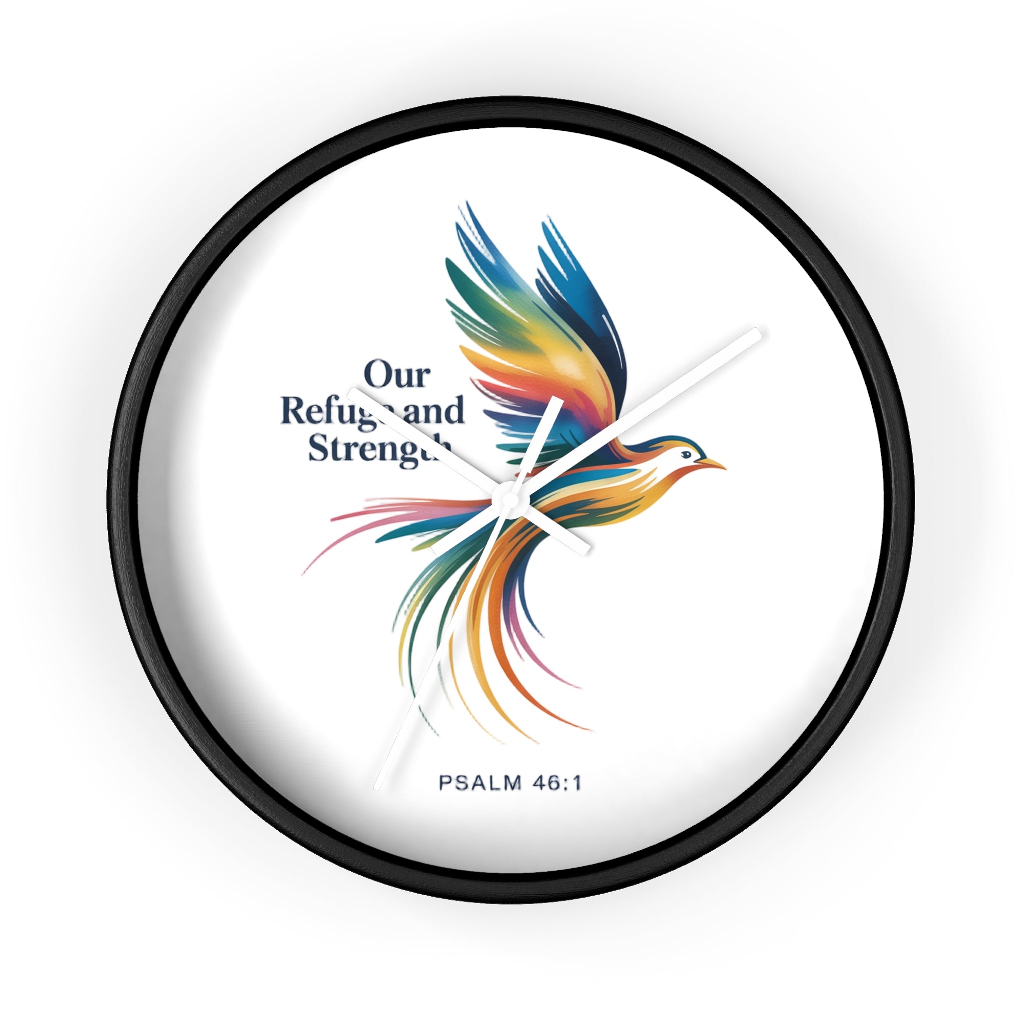 Wall Clock — 'Our Refuge and Strength' Colorful Dove Psalm 46:1 Christian Wall Clock