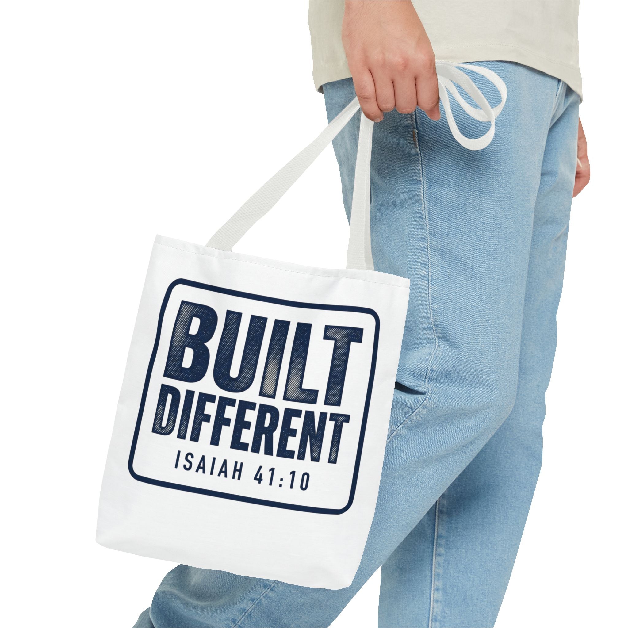 Built Different Tote Bag — Isaiah 41:10 Inspirational Canvas Tote