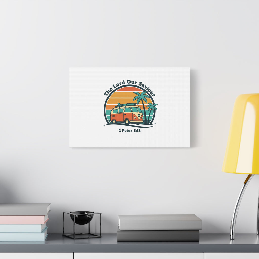 The Lord our Saviour, Retro Surf Sunset Canvas | 70s Van Palm Postcard, Analog Sunshine Aesthetic