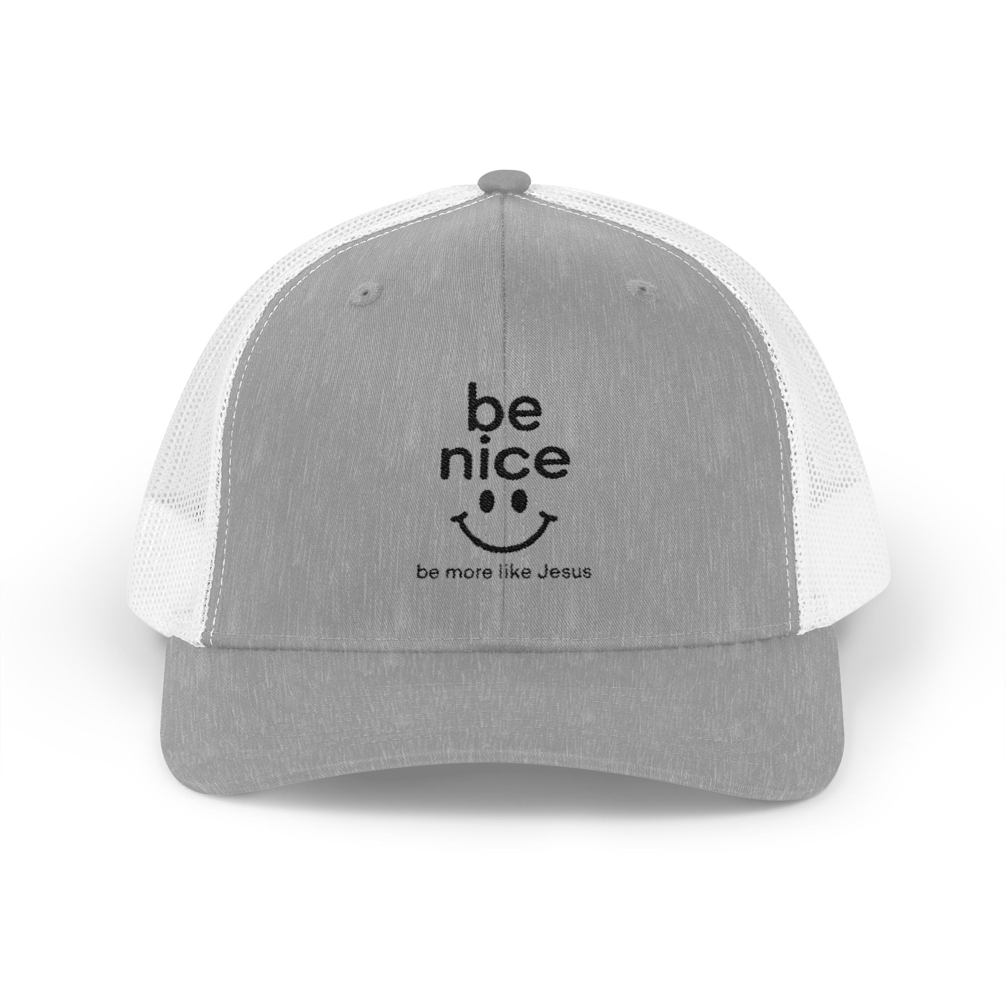 Be Nice Smiley Snapback Trucker Cap — Positive Message Mesh Hat