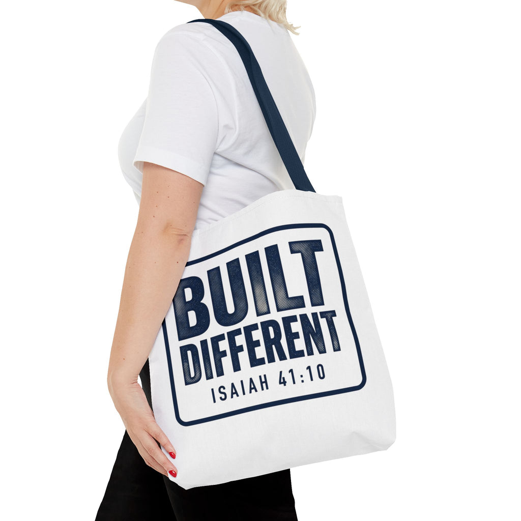 Built Different Tote Bag — Isaiah 41:10 Inspirational Canvas Tote