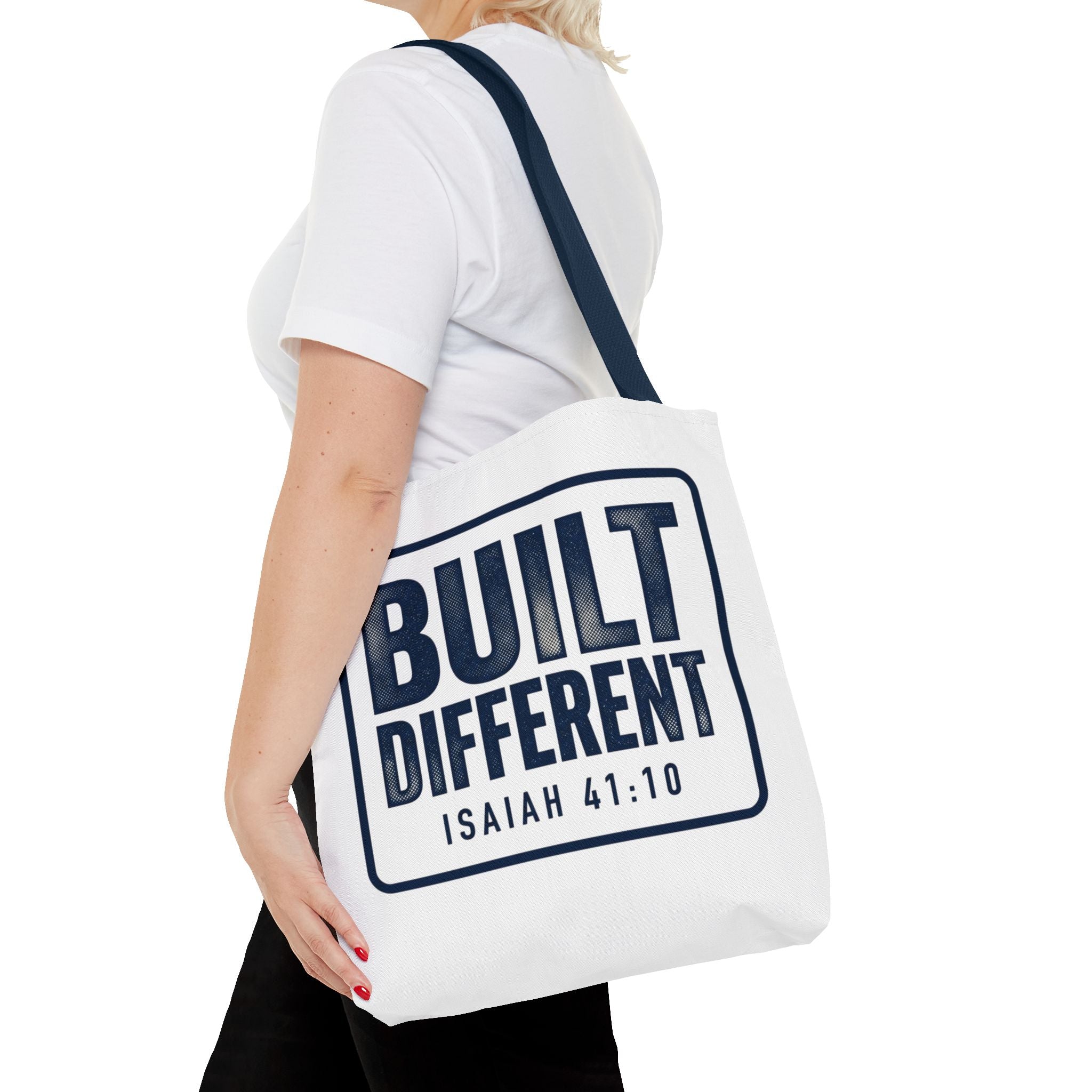 Built Different Tote Bag — Isaiah 41:10 Inspirational Canvas Tote