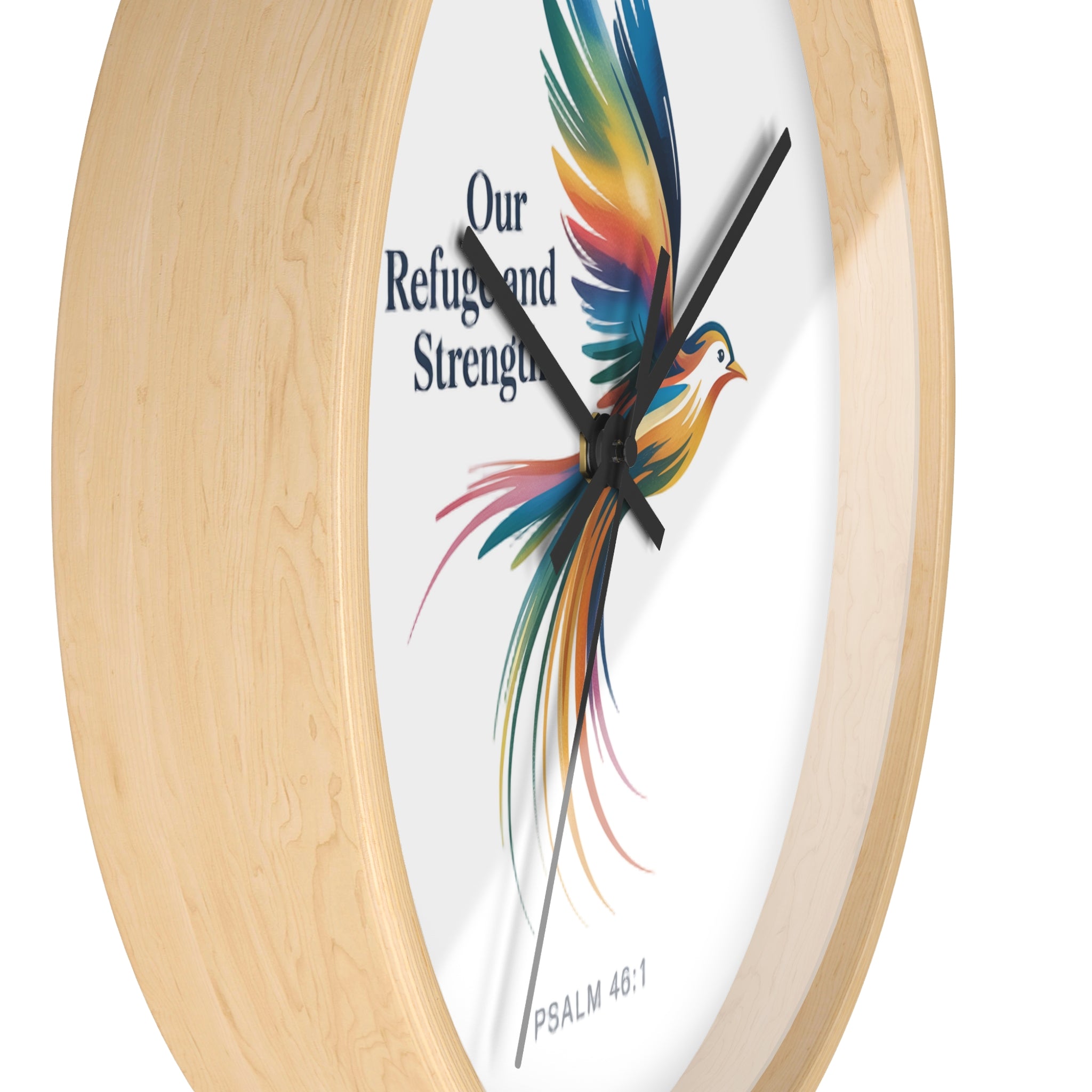 Wall Clock — 'Our Refuge and Strength' Colorful Dove Psalm 46:1 Christian Wall Clock