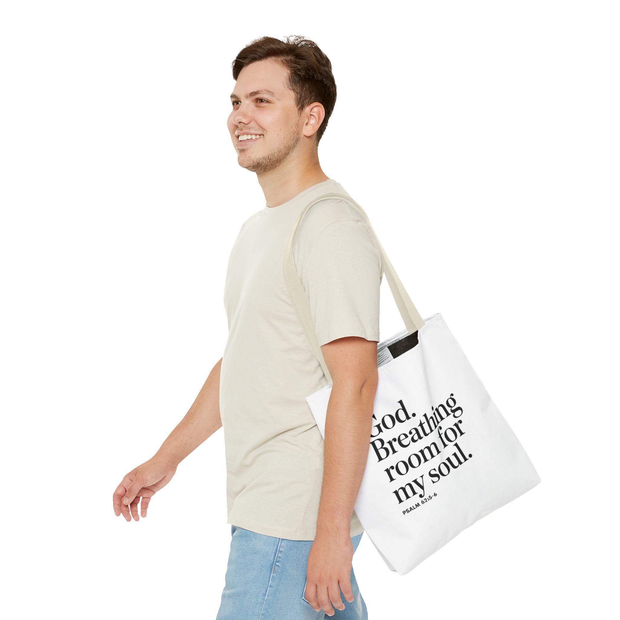 Christian Quote Tote Bag — "God. Breathing room for my soul." Psalm 62:6 Inspirational Canvas Tote