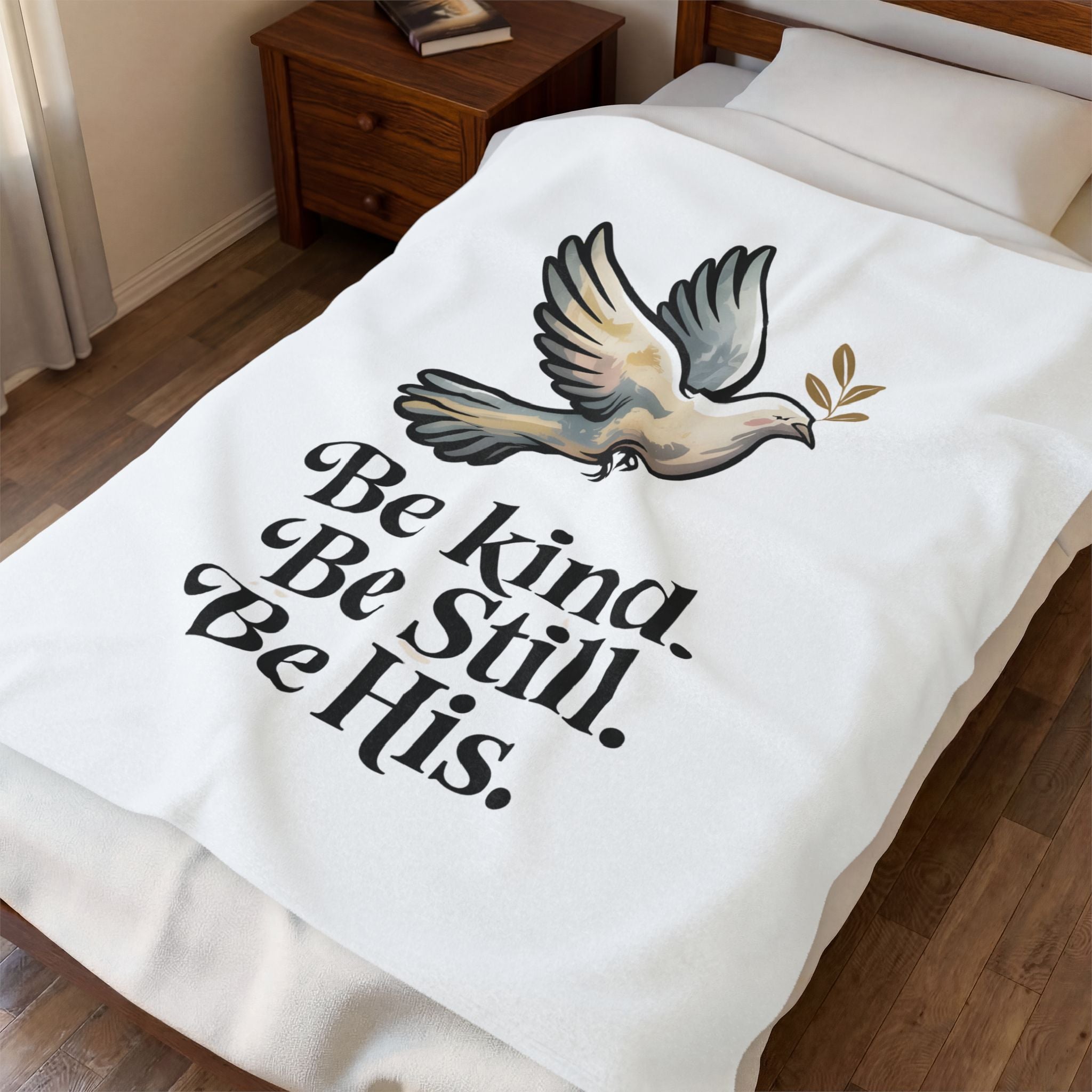 Velveteen Plush Blanket — Dove Design with "Be kind. Be still. Be His." Inspirational Christian Throw