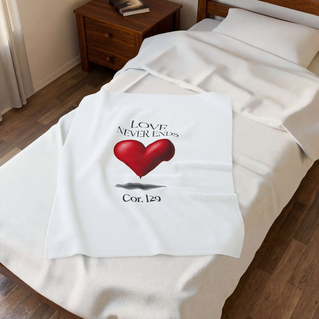 Velveteen Plush Blanket — "Love Never Ends" Heart Design (1 Cor. 13:9)