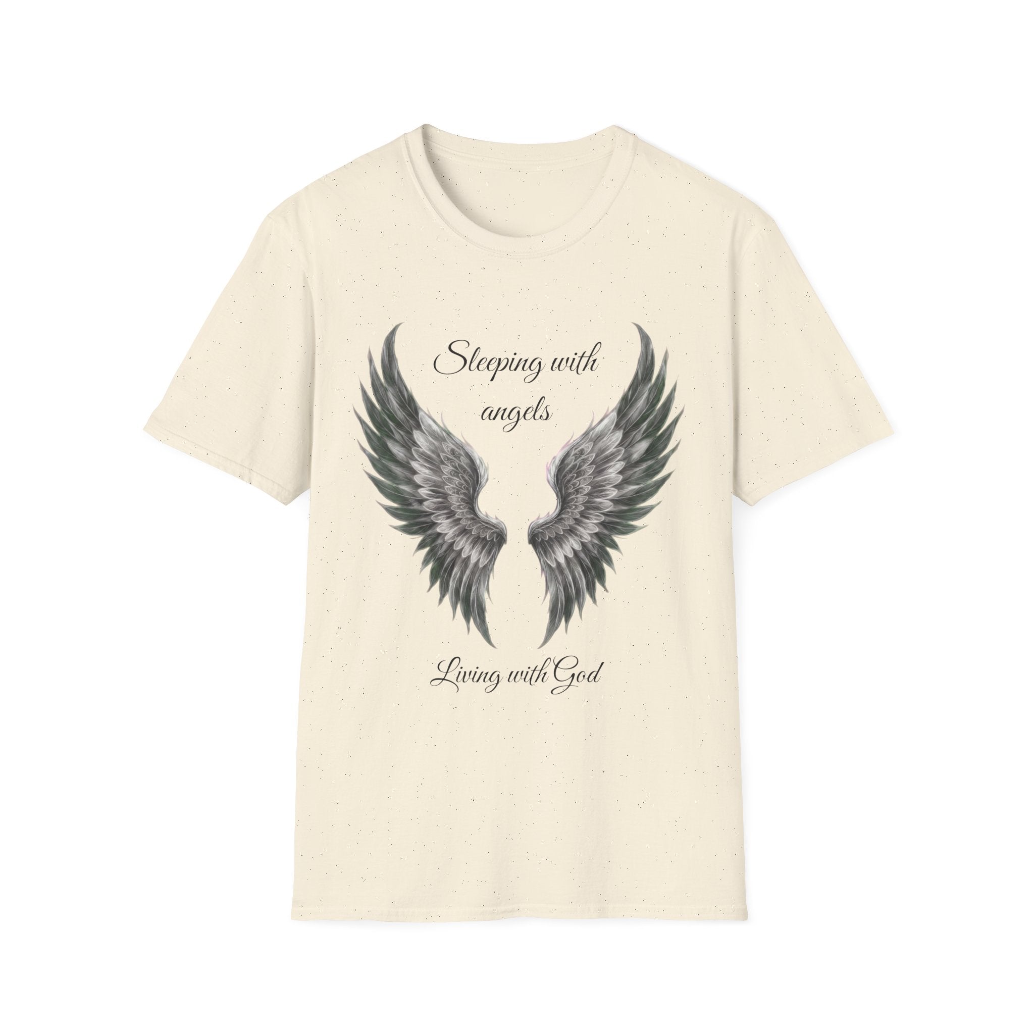 Black Angel Wings T-Shirt — “Sleeping with angels, living with God.” Christian Faith Tee