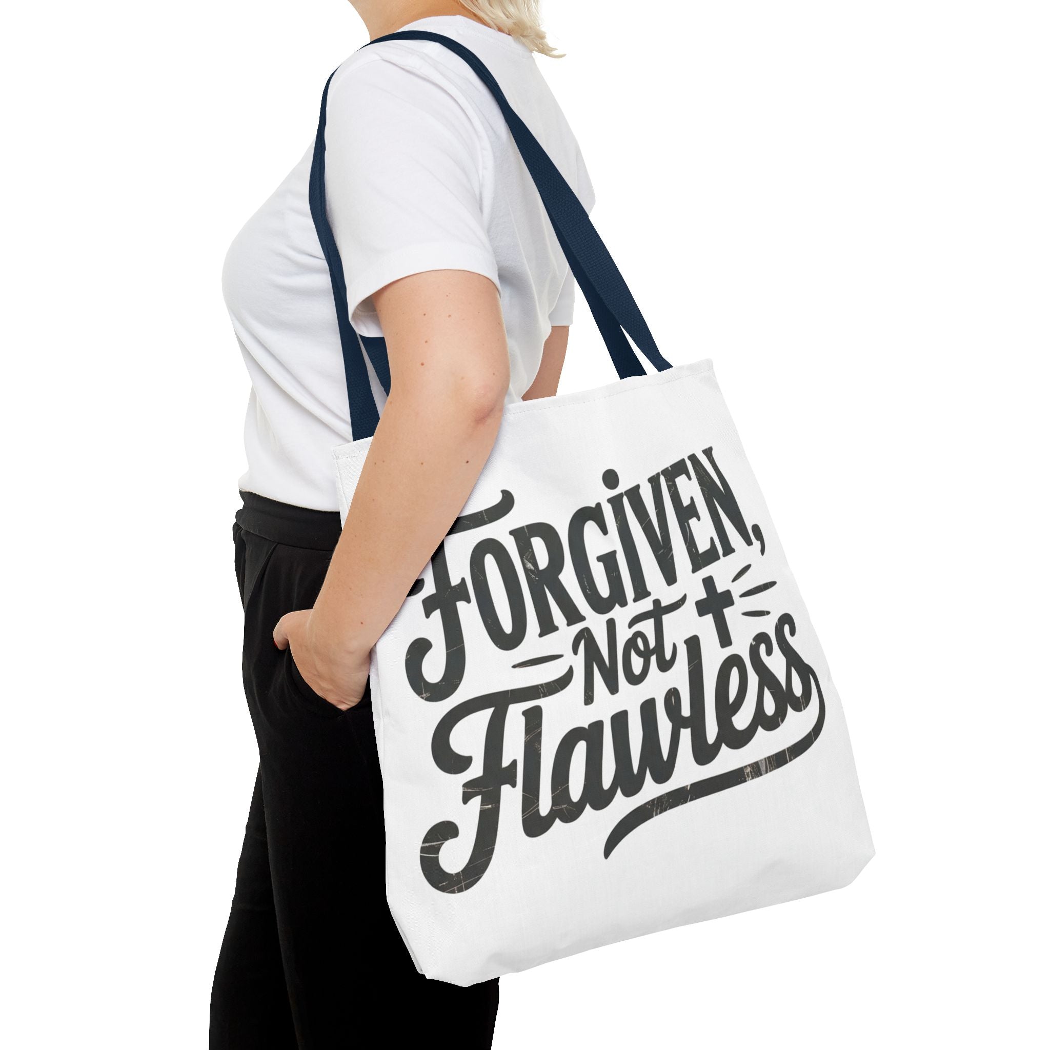 Forgiven Not Flawless Christian Tote Bag — Inspirational Scripture Quote Tote
