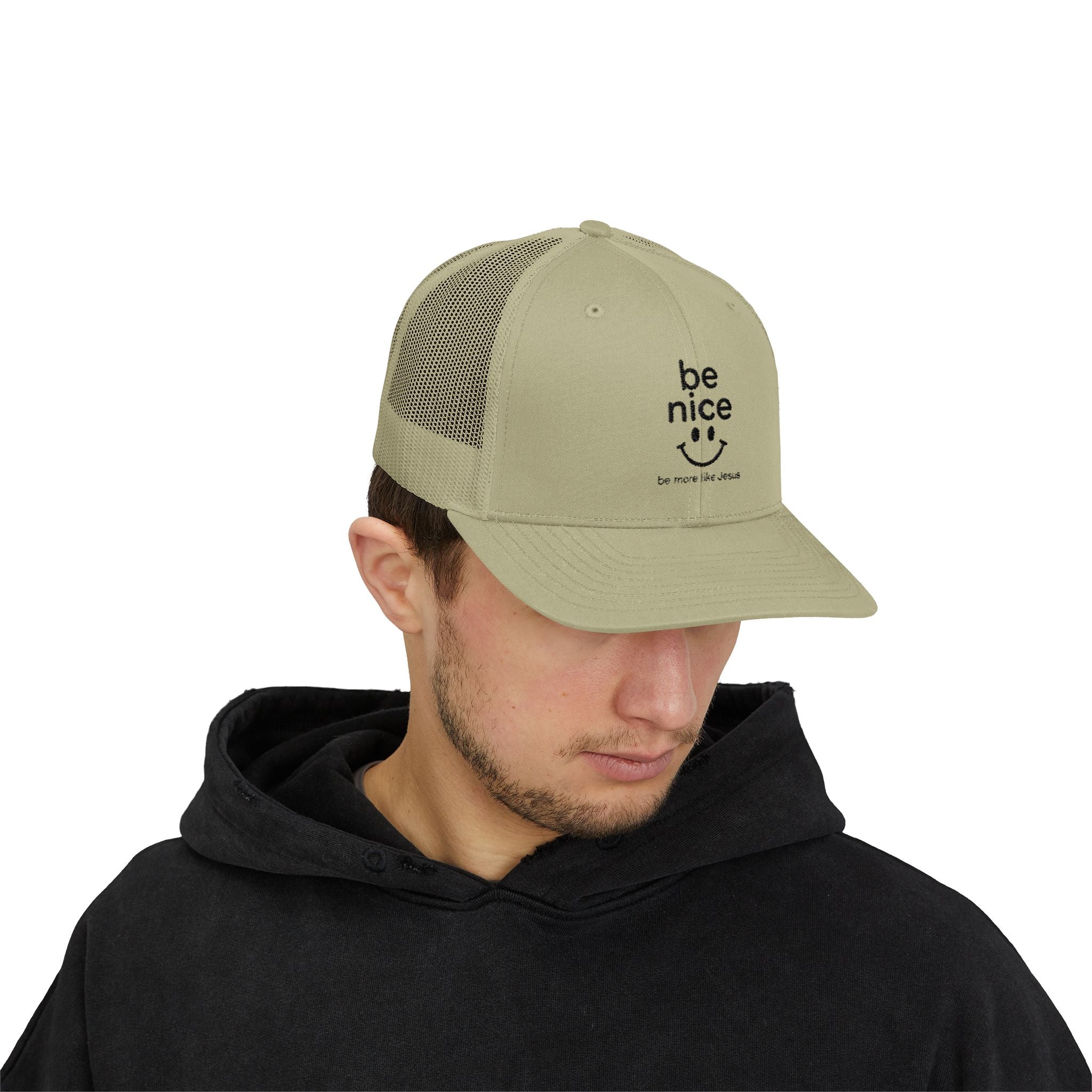 Be Nice Smiley Snapback Trucker Cap — Positive Message Mesh Hat