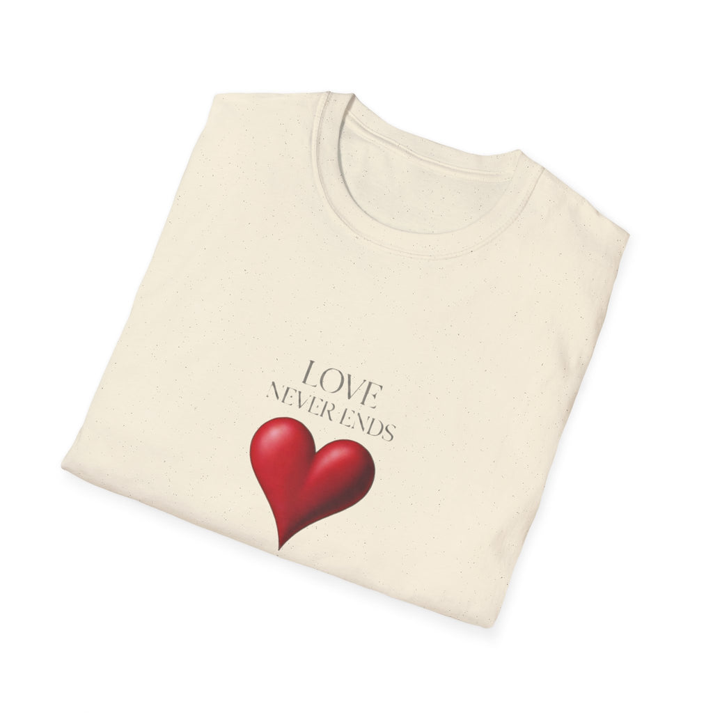 T-Shirt "Love Never Ends" -  Red Heart Graphic Bible Quote Tee