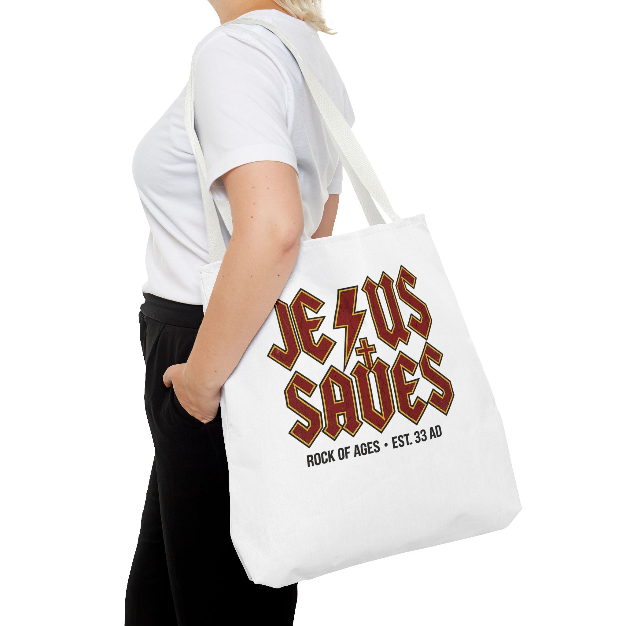 Jesus Saves Tote Bag — Rock of Ages Vintage Christian Tote