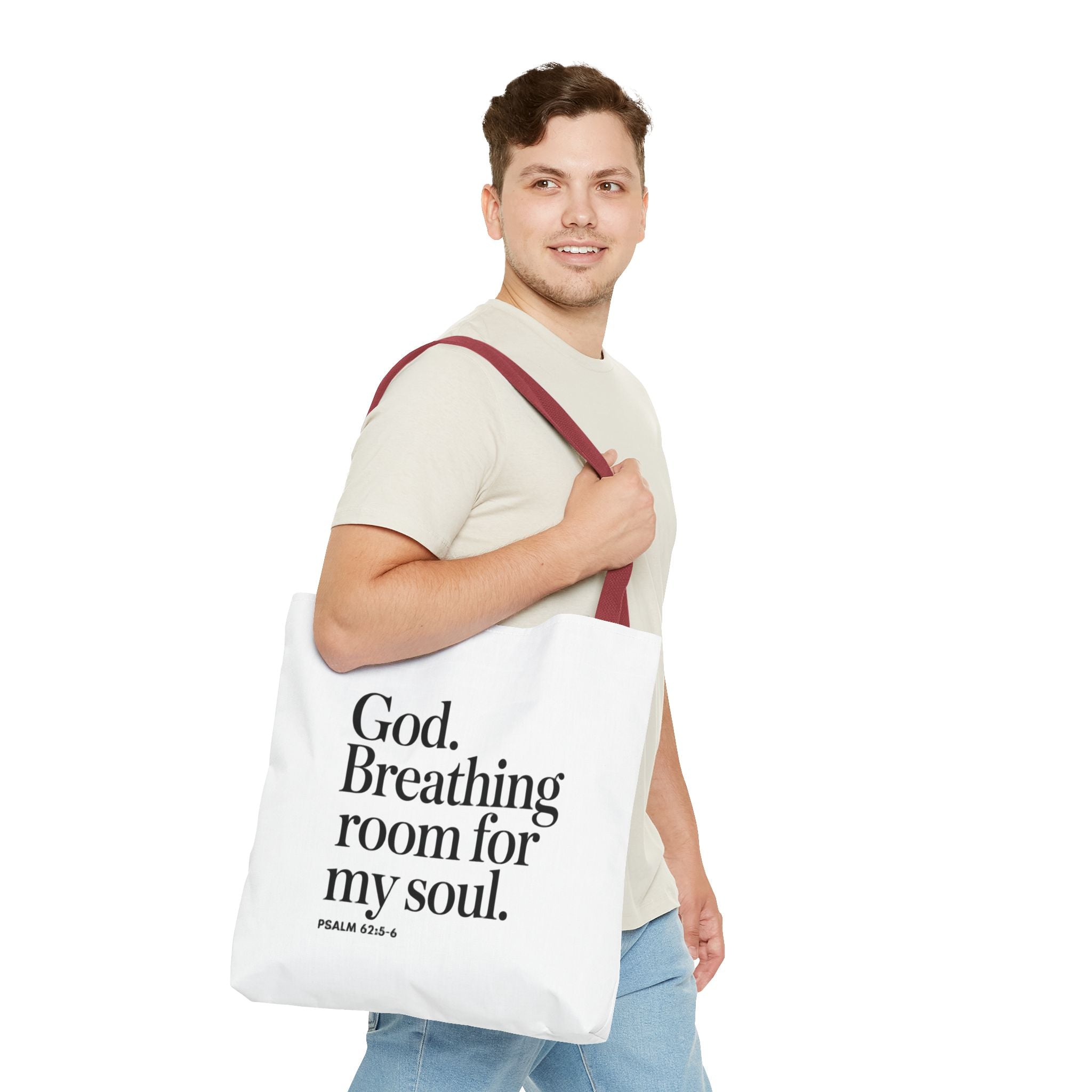 Christian Quote Tote Bag — "God. Breathing room for my soul." Psalm 62:6 Inspirational Canvas Tote