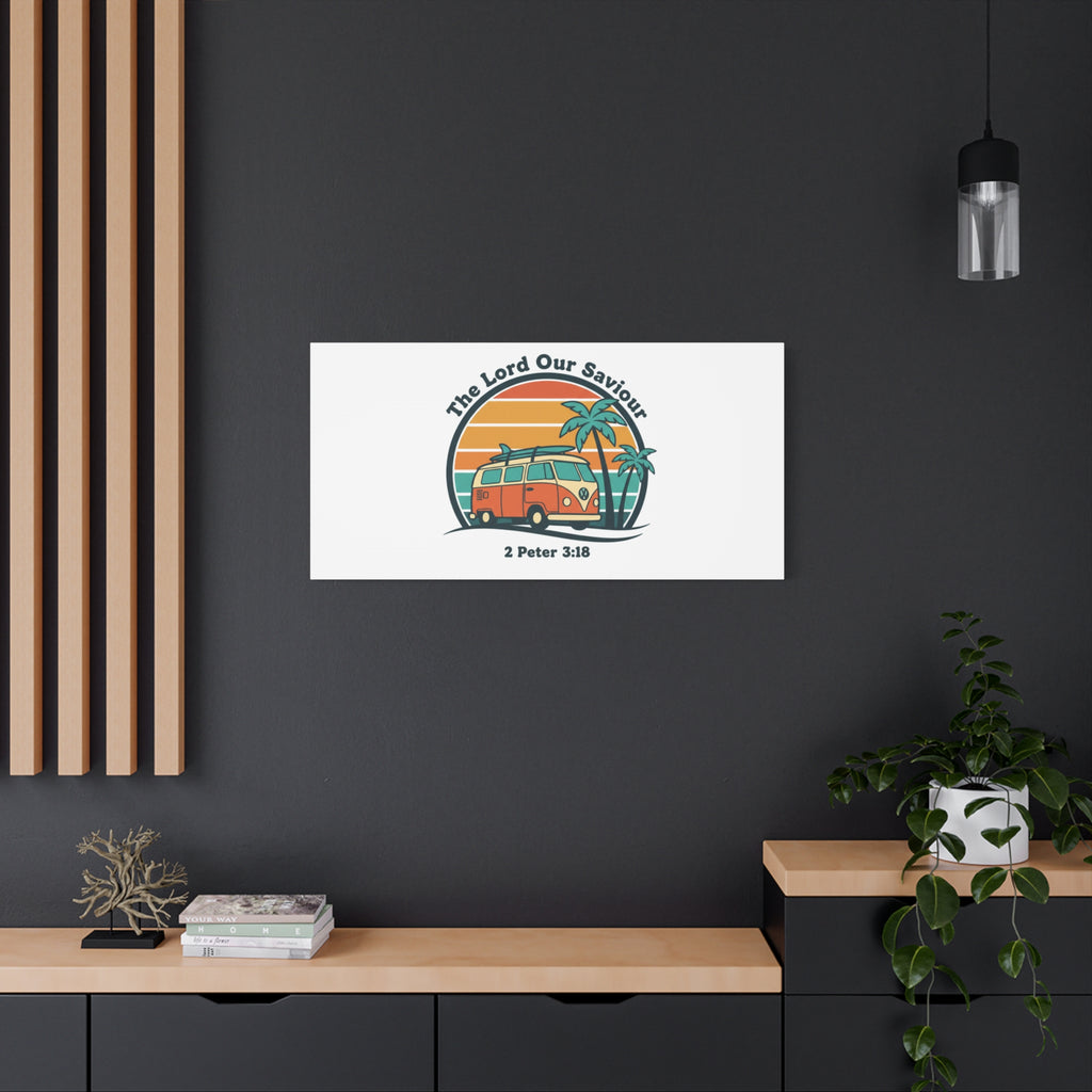 The Lord our Saviour, Retro Surf Sunset Canvas | 70s Van Palm Postcard, Analog Sunshine Aesthetic