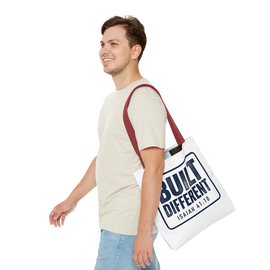 Built Different Tote Bag — Isaiah 41:10 Inspirational Canvas Tote