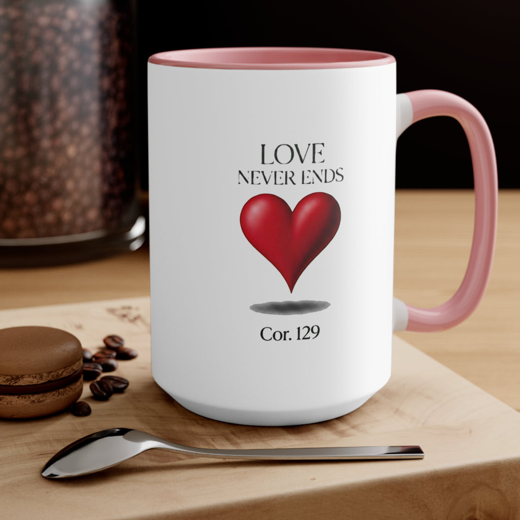 Love Never Ends Mug — Heart Accent Ceramic Mug
