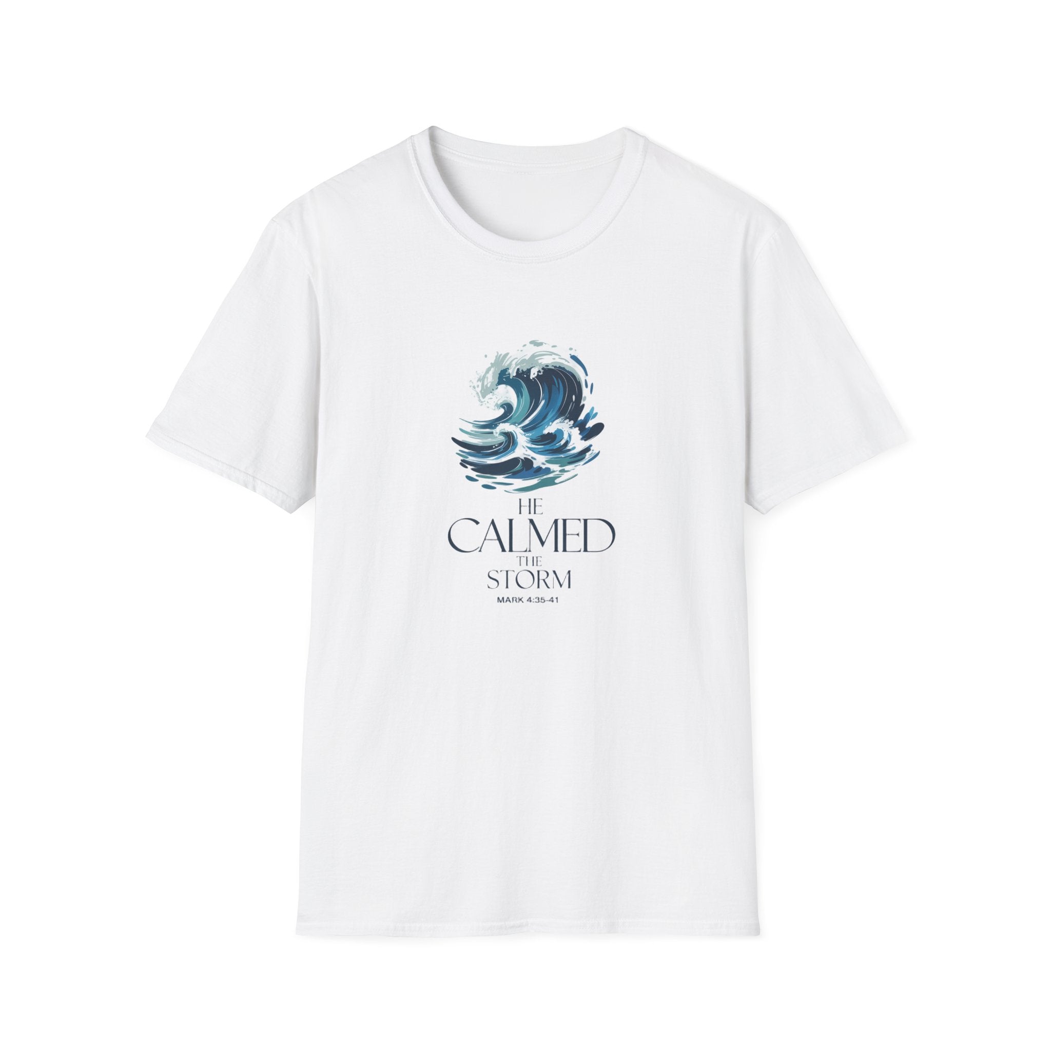 He Calmed the Storm Christian T-Shirt — Dramatic Waves Faith Tee