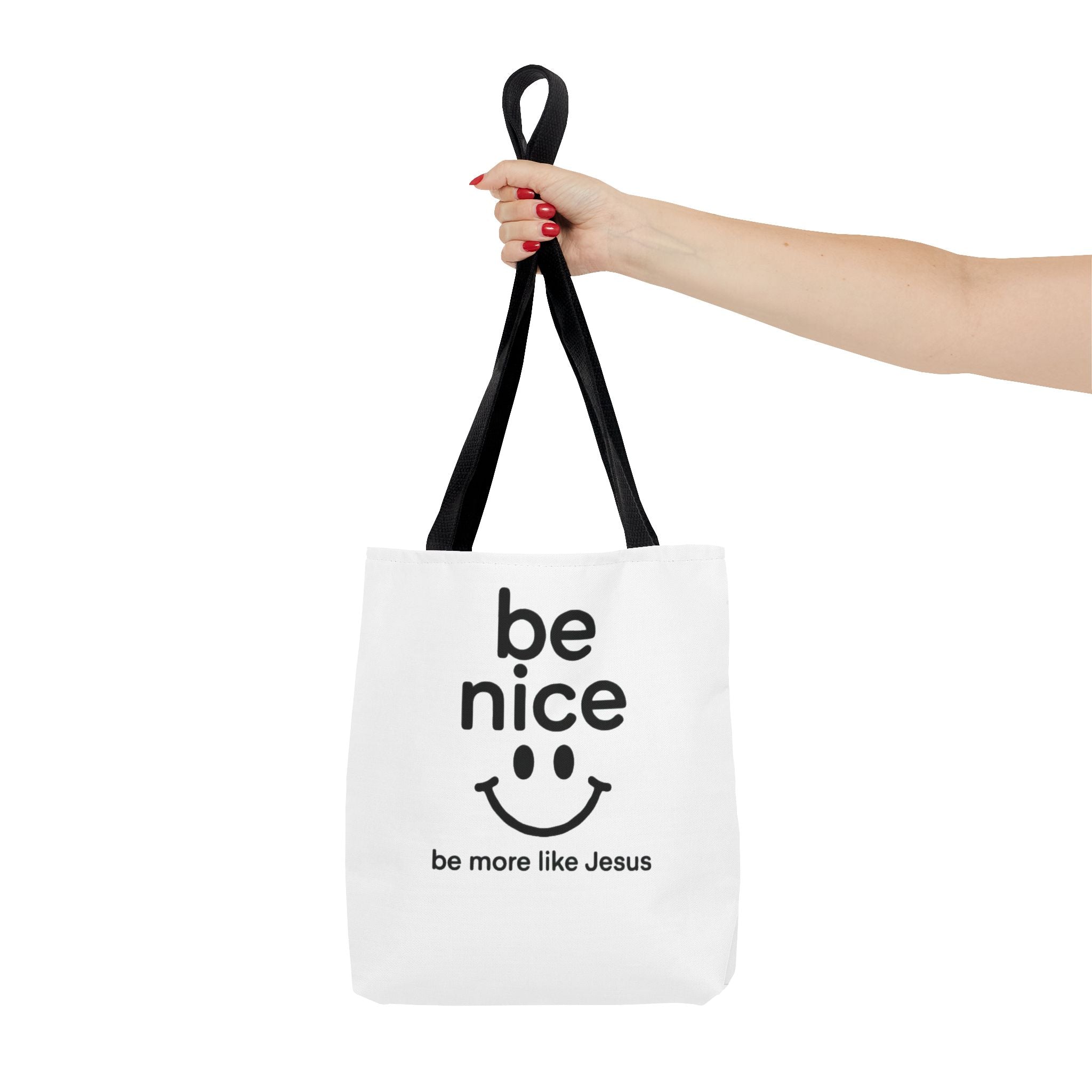 Be Nice Smiley Tote Bag — "be more like Jesus" Inspirational Canvas Tote