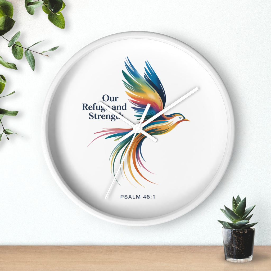 Wall Clock — 'Our Refuge and Strength' Colorful Dove Psalm 46:1 Christian Wall Clock