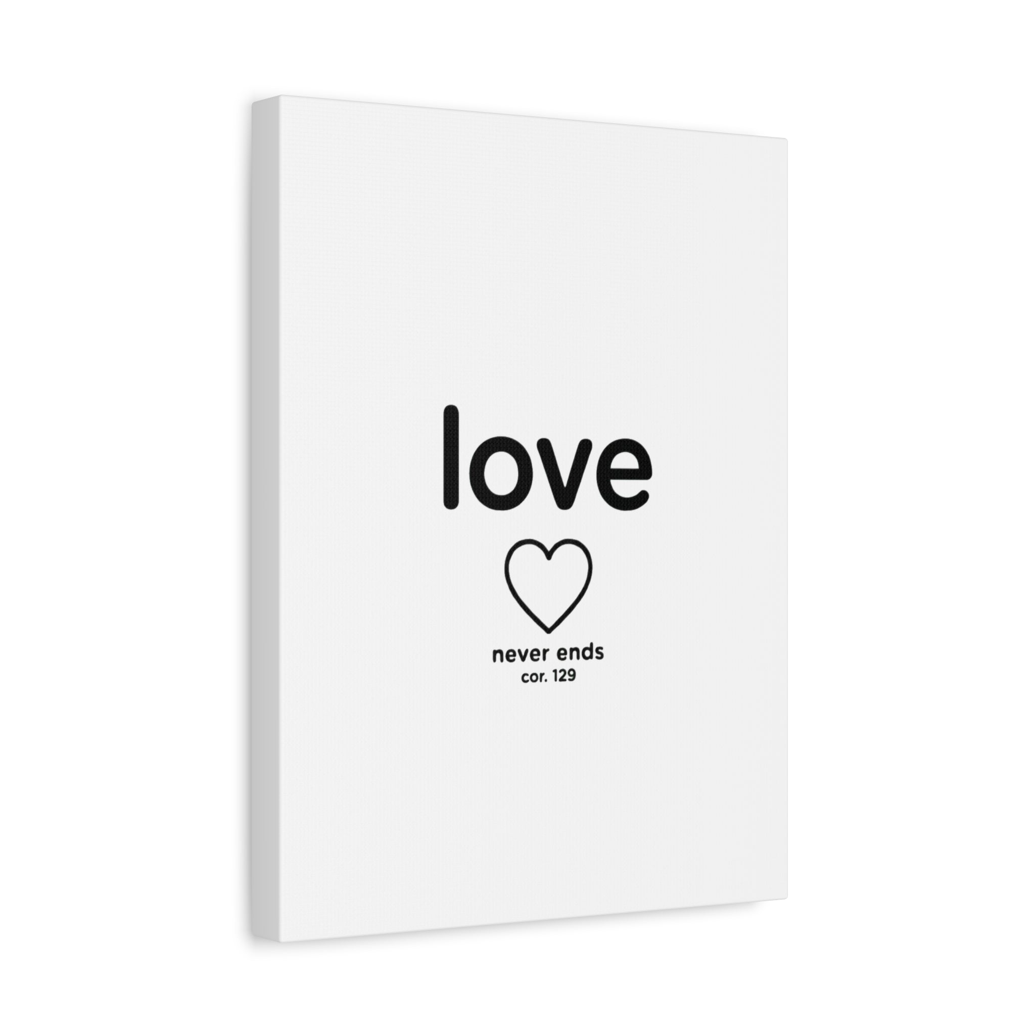 Canvas Wall Art — "love" Heart with "never ends cor. 129" Minimalist Print